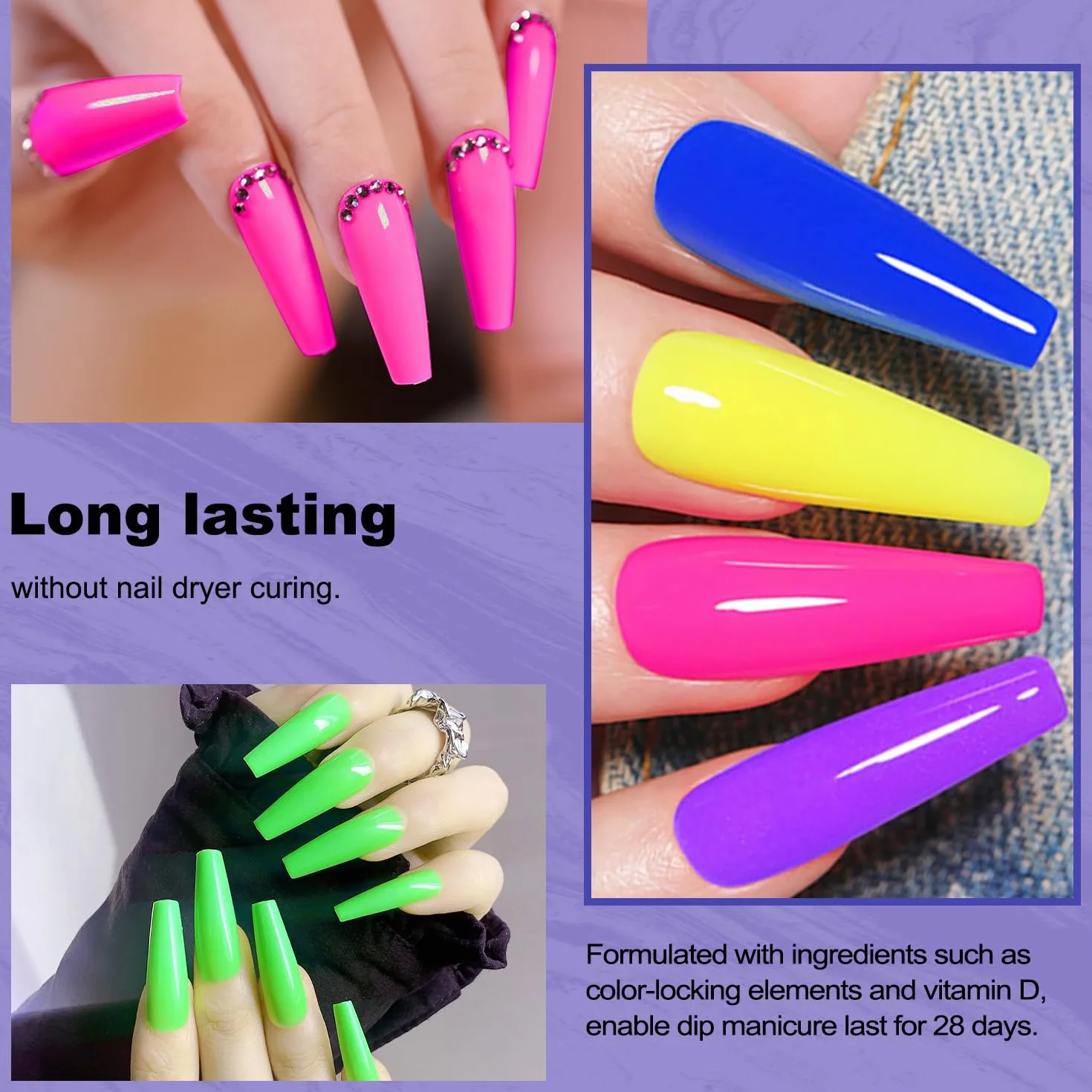 Lavender Violets 6 Couleurs Acrylique Trempage Poudre French Nail Art Manucure 2 En 1 Base Activateur Vernis Finition Brosse Lime Ongles M205