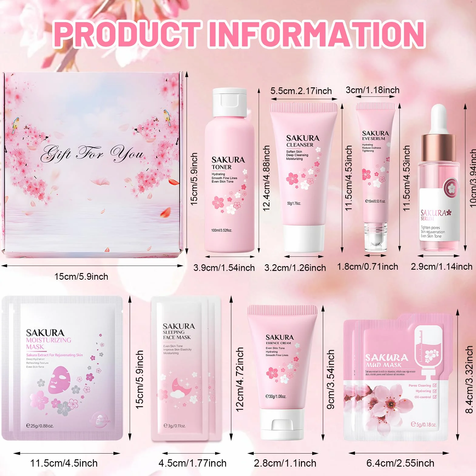 Sakura Coffret Soins Visage Femme 11 Pièces, Coffret de Soin Peau Hydratant Nourrissant