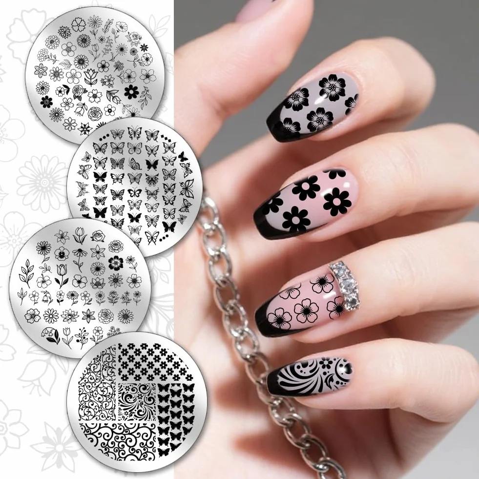 PH PandaHall 4pcs Plaques de Stamping pour Ongles Fleurs Miniatures Pochoirs pour Ongles Petites Feuilles Papillons Modèles de Nail Art Plaque Image Acier Inoxydable avec Outil pour Printemps Manucure