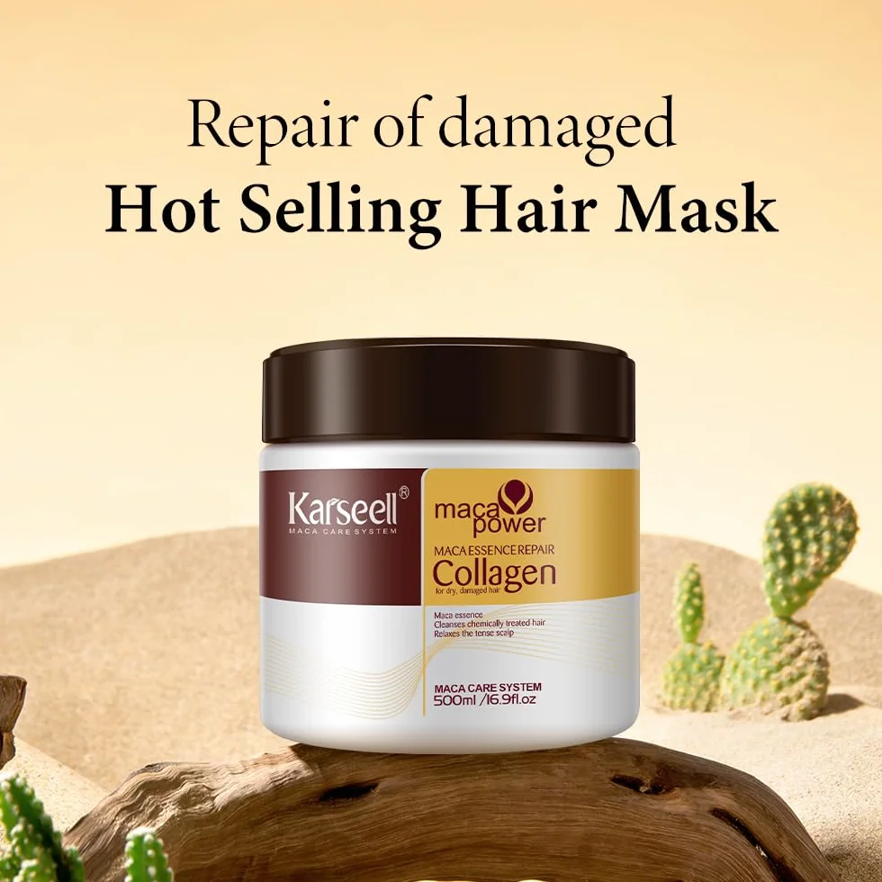Karseell Collagen Masque Cheveux 500ml Maca Essence Huile d'Argan Réparation Profondeur Cheveux Secs Abimés