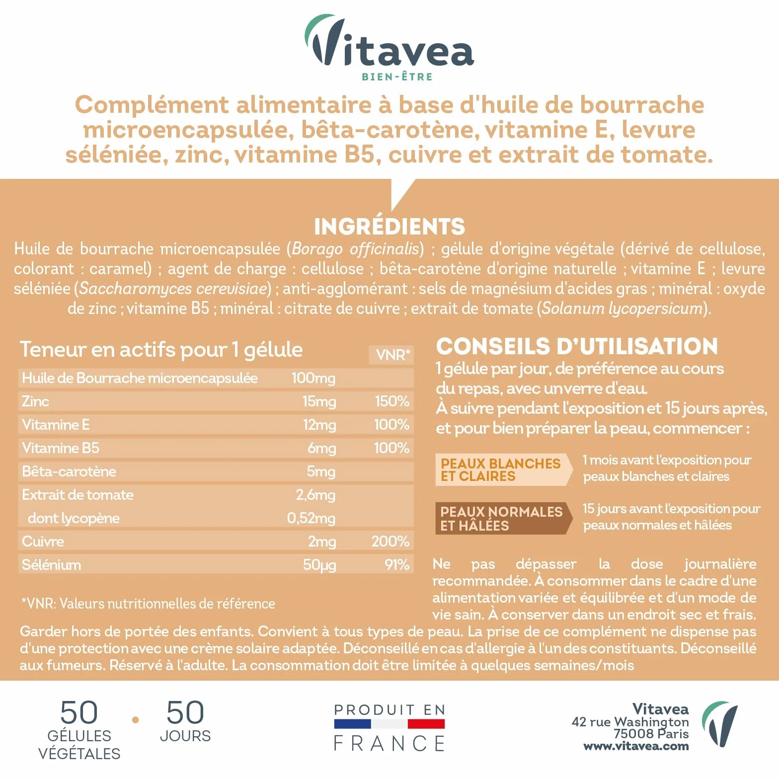 Vitavea Bronzage Expert Prolongateur de Bronzage après Soleil Complément Alimentaire Huile de Bourrache Bêta-Carotène Zinc Vitamine E Cuivre