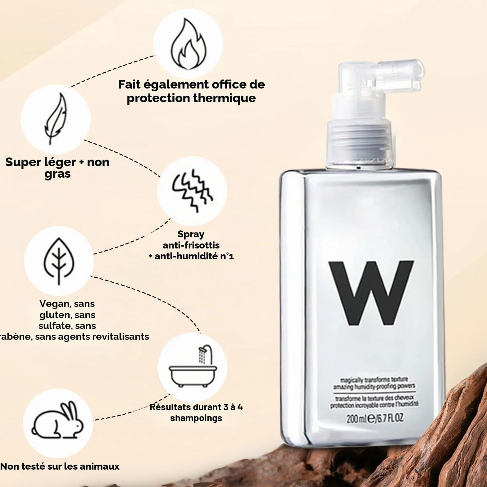 Spray anti-frisottis pour tous les types de cheveux, cheveux super lisses, protection contre la chaleur, spray brillant pour cheveux souples, 200 ml