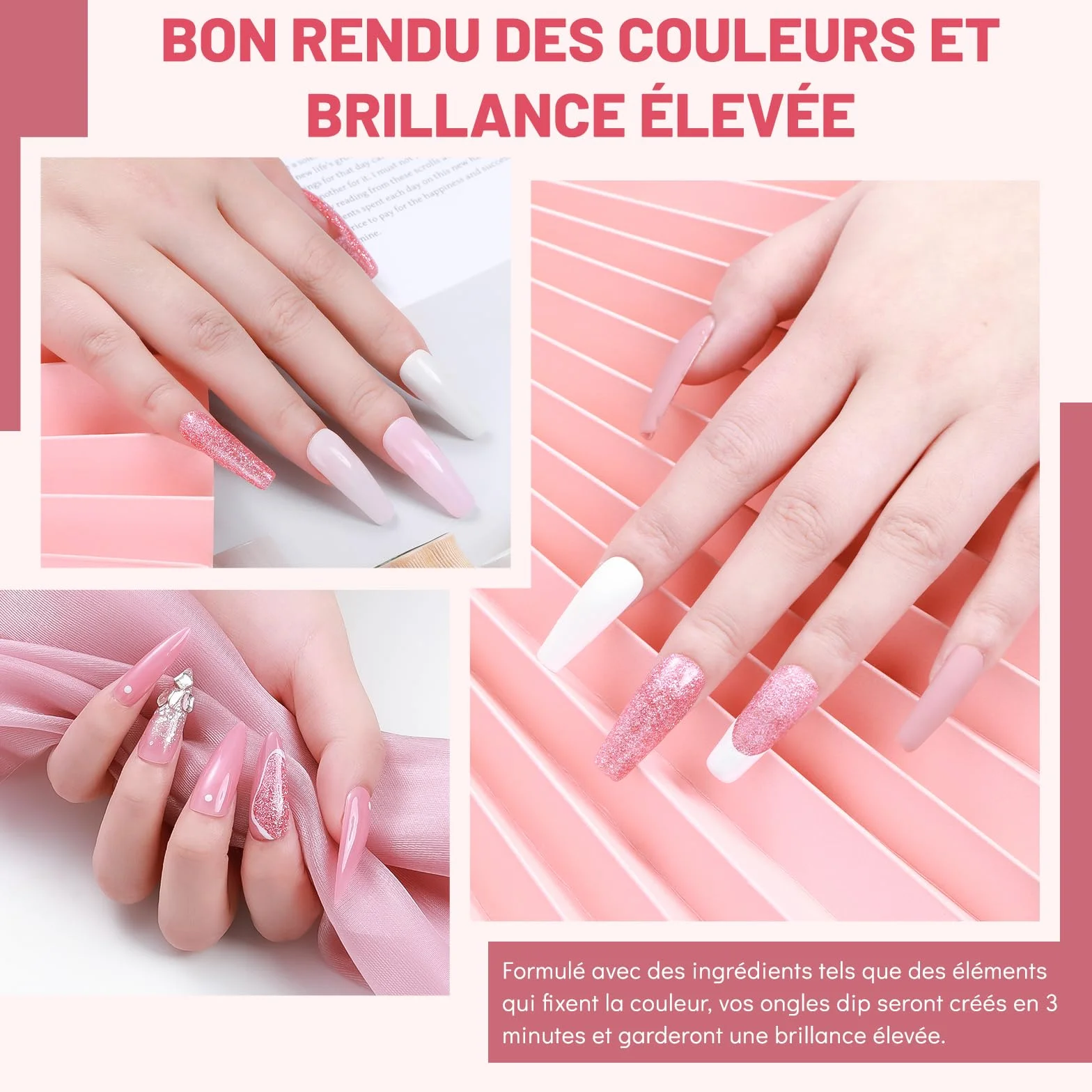 Aokitec Kit de poudre à ongles 4 couleurs, poudre à tremper paillettes blanc rose avec base liquide