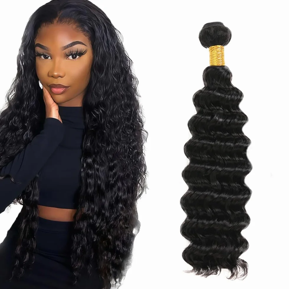 Human Hair Bundles Extensions de cheveux humains #1B Natural Black Color Deep Wave Echthaar Tressen Human Hair Extension 1 Bundles Totaling 100 Grams12 Pouces