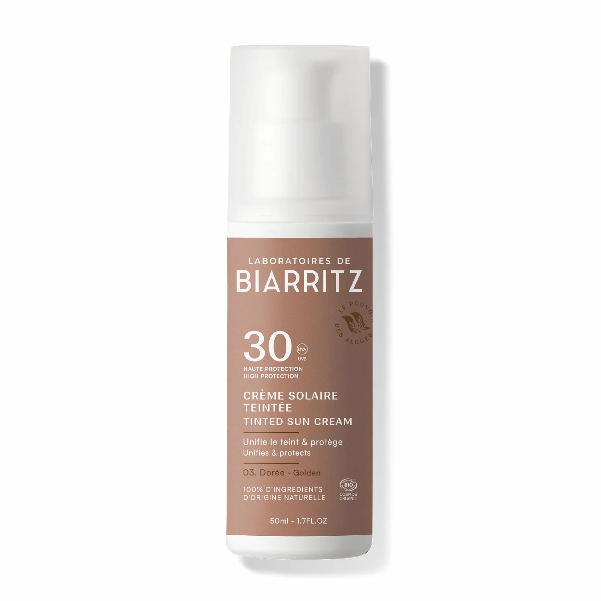 Laboratoires de Biarritz Crème Solaire Teintée SPF30 Dorée Certifiée Bio | Visage, Protection Anti-UVA/UVB et Lumière Bleue, Certifiée Bio, 50 ml, Fabriquée en France