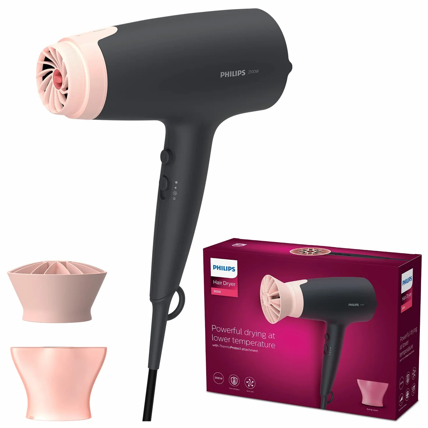 Lisseur ThermoProtect Philips StraightCare Essential (Modèle BHS378/00) & Sèche-cheveux Philips Séries 3000 avec l’accessoire ThermoProtect (Modèle BHD350/10)