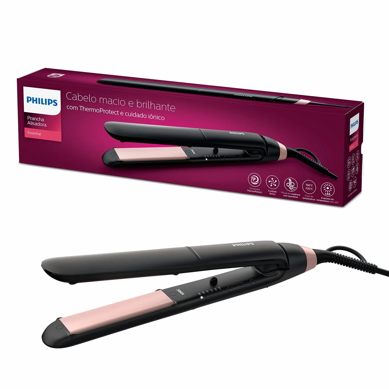 Lisseur ThermoProtect Philips StraightCare Essential (Modèle BHS378/00) & Sèche-cheveux Philips Séries 3000 avec l’accessoire ThermoProtect (Modèle BHD350/10)