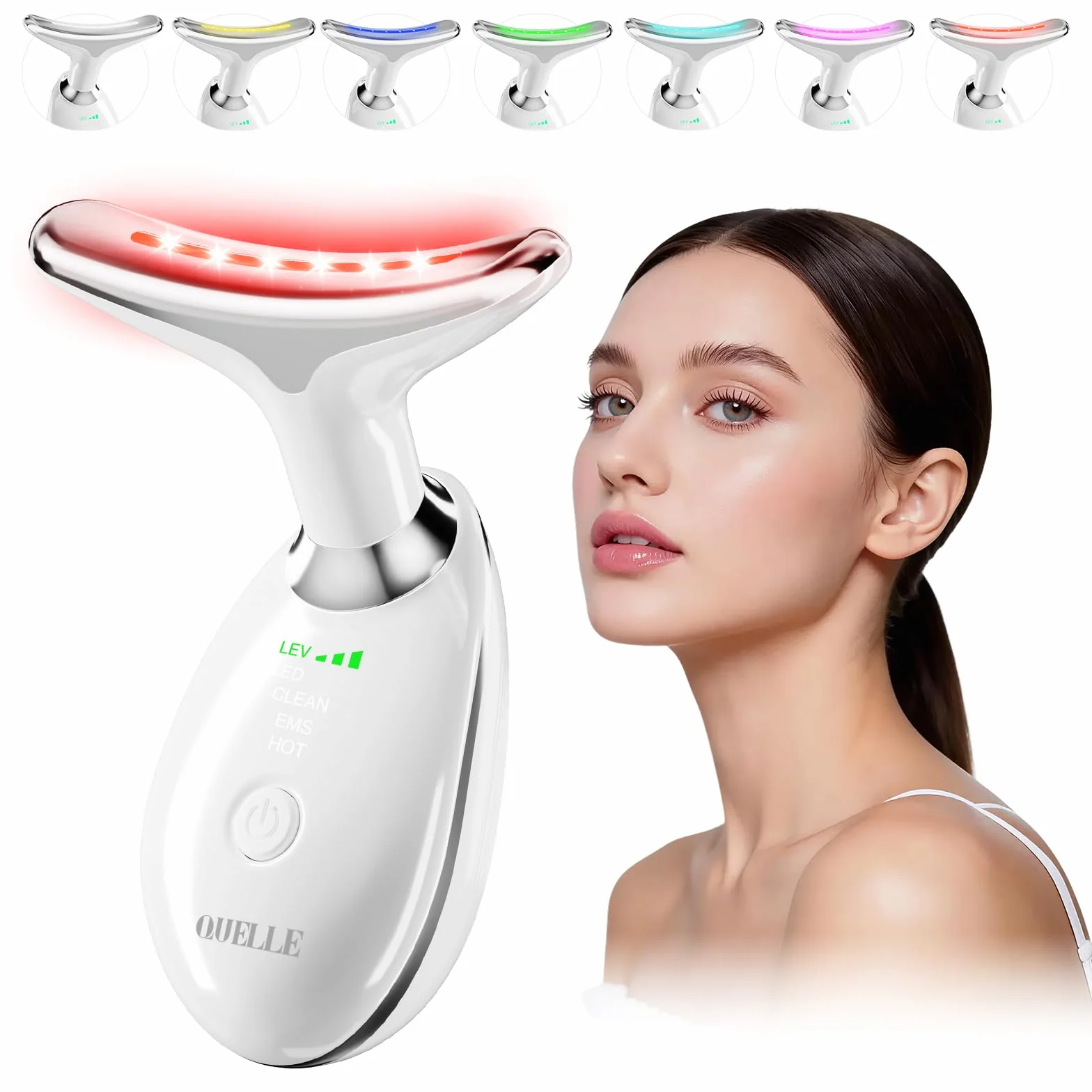 QUELLE Appareil Massage Visage Anti Rides, Masseur Visage Électrique Lifting avec 7 Couleurs LED et EMS, 3 Modes et Chaleur 45°C, Appareil Lifting Visage pour Massage Visage et Cou