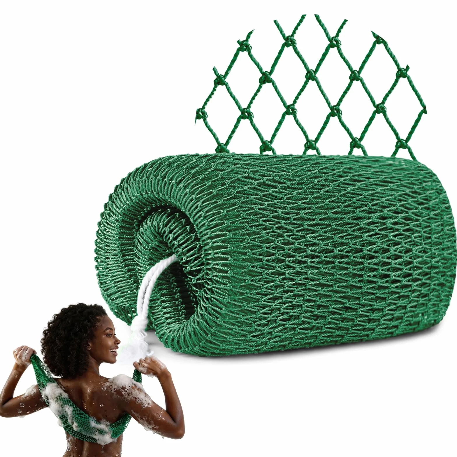 Filet de Douche Africain Éponge à Séchage Rapide Net Sponge avec Cordes pour Gommage Corps Doux Vert foncé