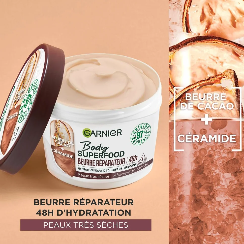 Garnier Body Superfood Crème Soin Corps Réparatrice Hydratation 48H Beurre de Cacao Céramide Peaux Sèches 380 ml