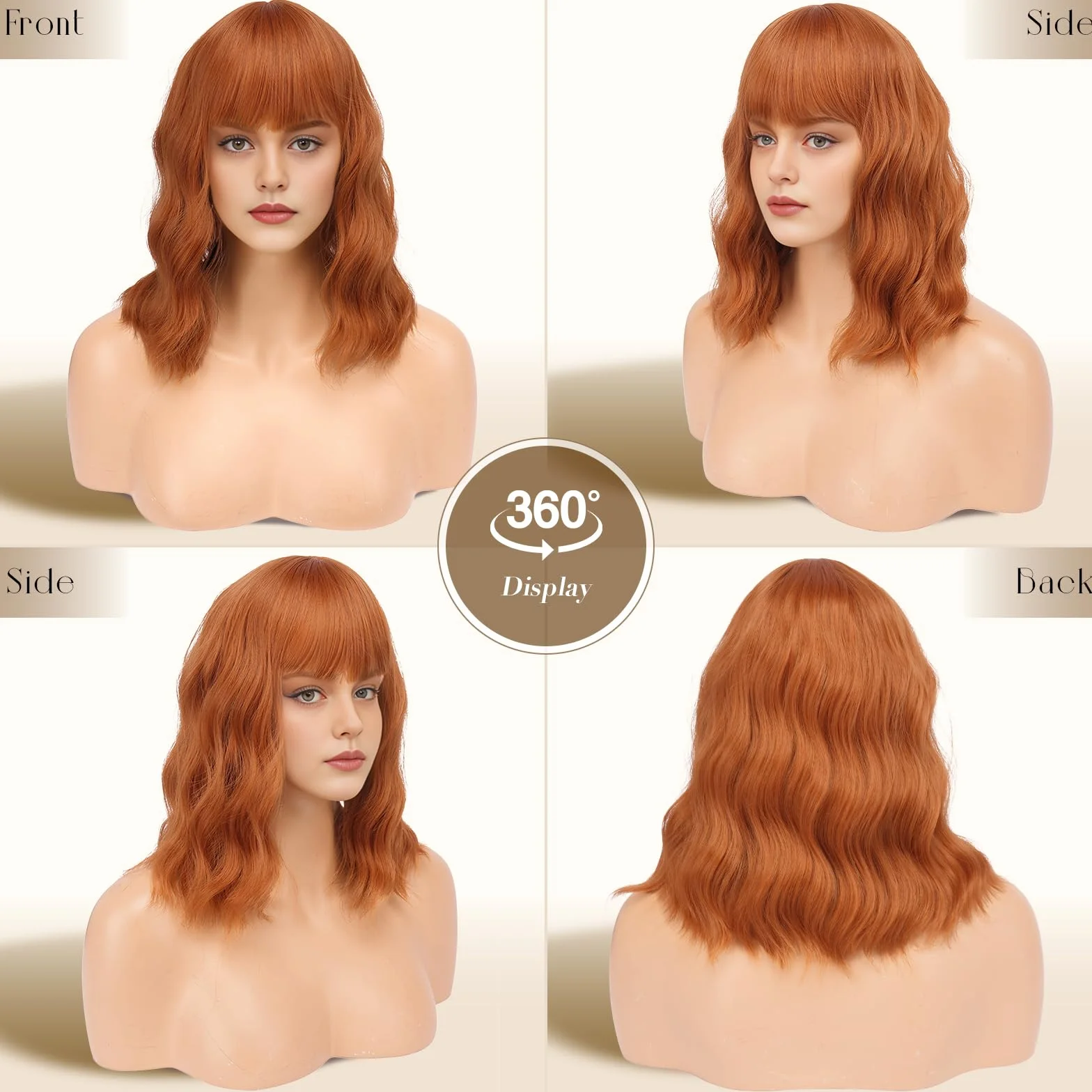 FESHFEN Perruque ondulée avec frange - 35 cm - Orange foncé - Longueur épaules dénudées - Cheveux synthétiques - Pour femme et femme - Pour le quotidien, le carnaval