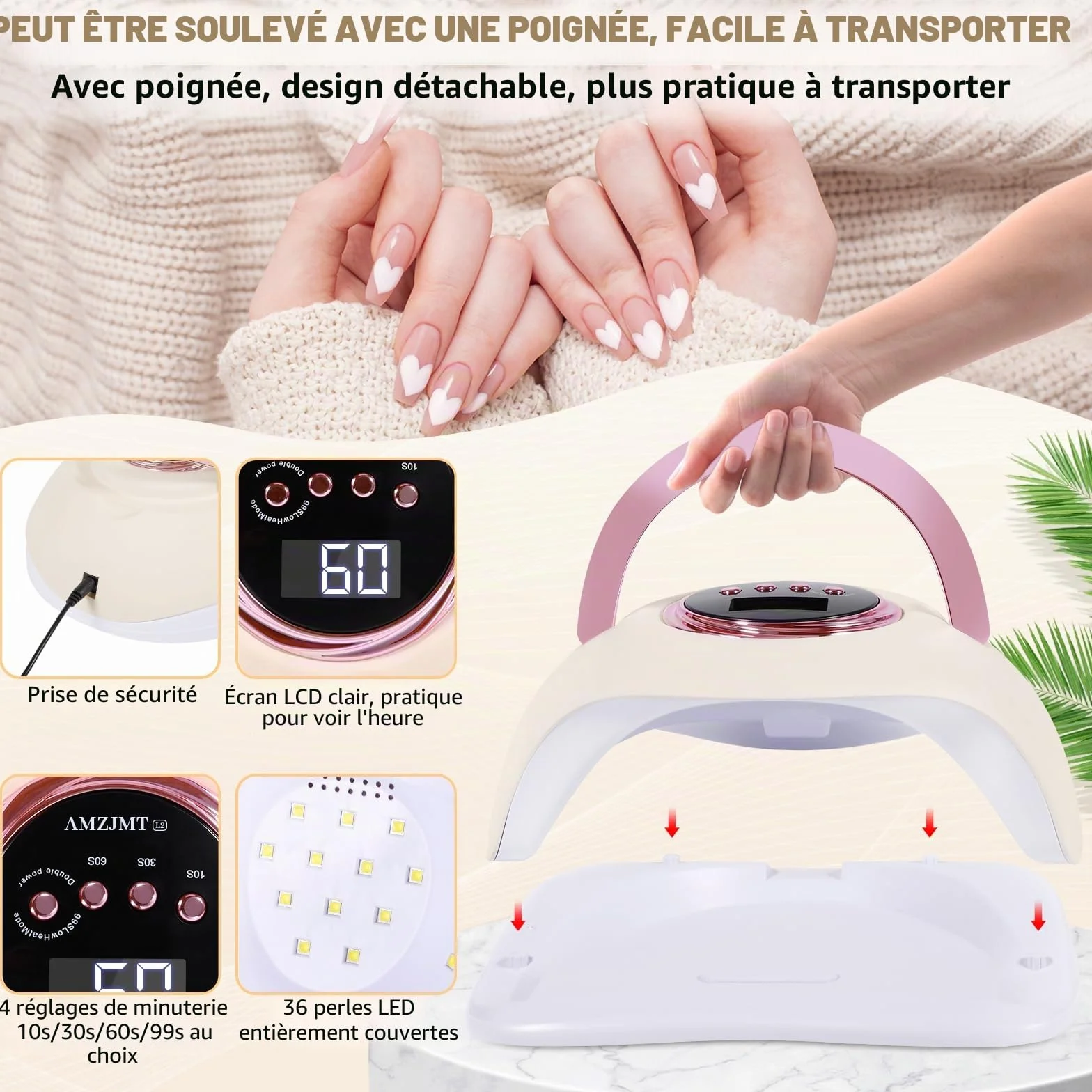 Lampe led ongle 180 W avec capteur automatique,Lampe uv pour polymériser les ongles avec 4 commandes de temps