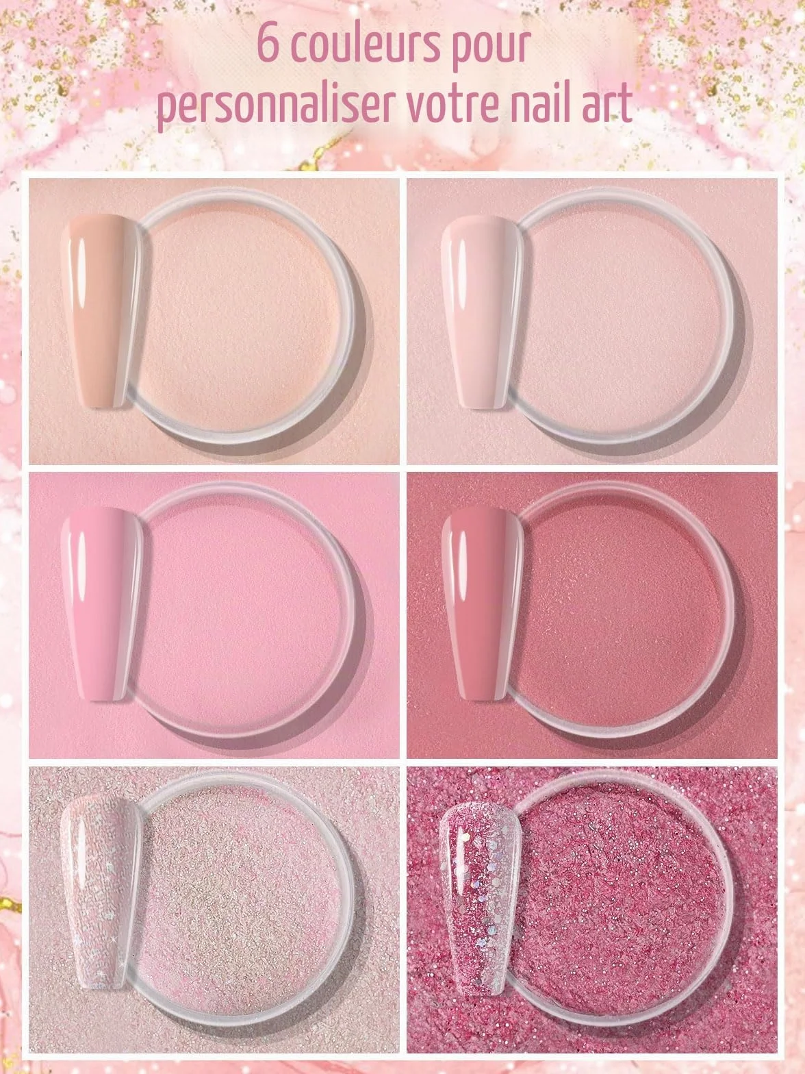 EBANKU Kit de Poudre Trempage pour Ongles 6 Couleurs Rose Chair Paillettes avec Base/Top Coat Activateur Manucure