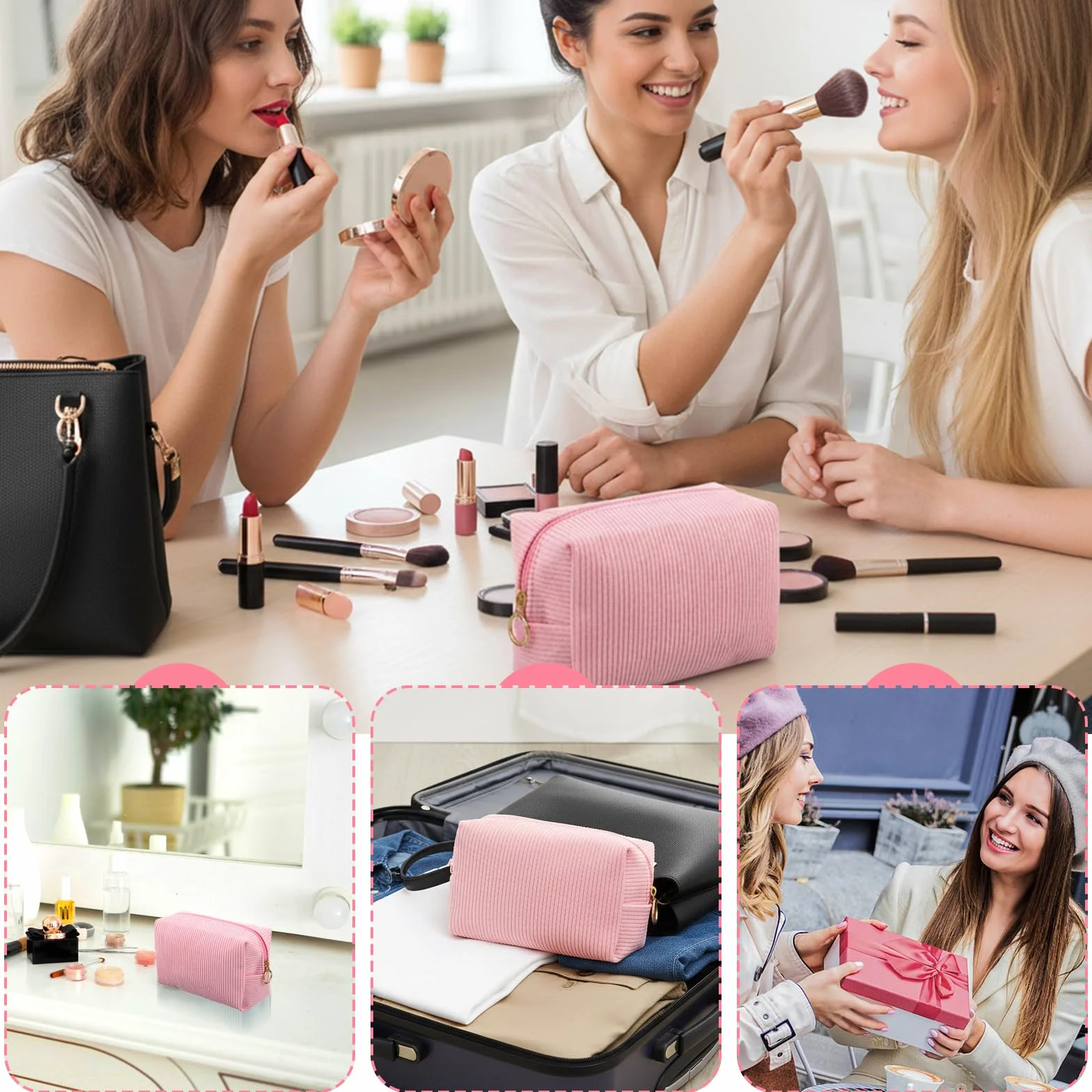 Petite trousse de maquillage pour femme - Fermeture éclair - Grande capacité - Accessoire de voyage - Multifonction, Rose