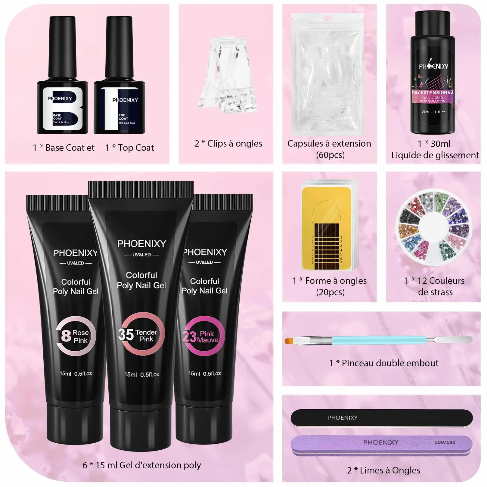 Kit Ongle Gel UV Complet 6 Couleurs 15 ml Rose Nail Art Manucure Débutantes DIY