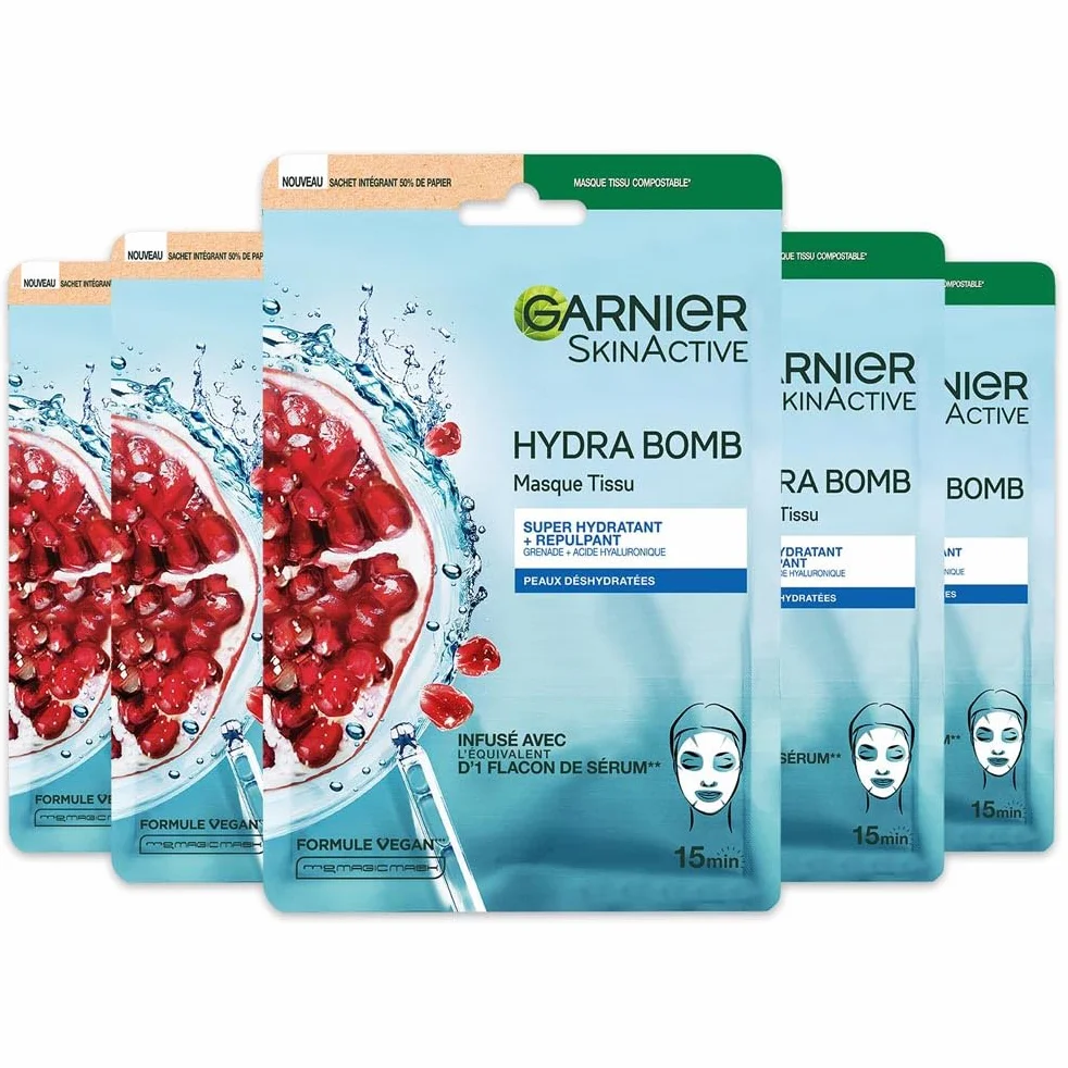 GARNIER Skin Active Hydra Bomb Coffret Masques Tissu x5 Hydratant Repulpant Grenade Acide Hyaluronique