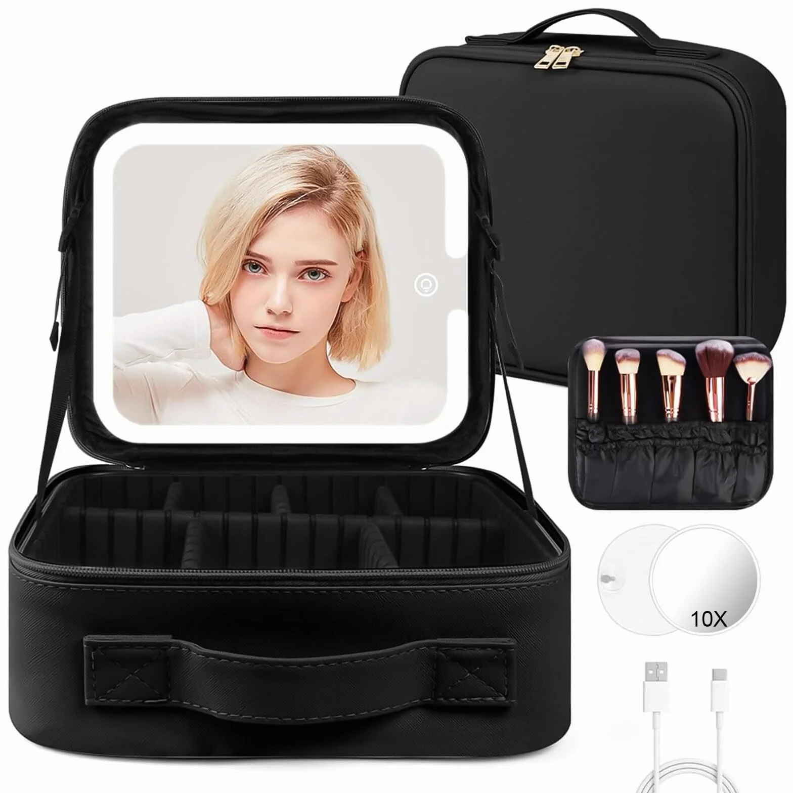 Trousse de Maquillage avec Miroir Lumière LED 3 Couleurs, Séparateurs Réglables, Voyage Portable Grande Capacité, Noir