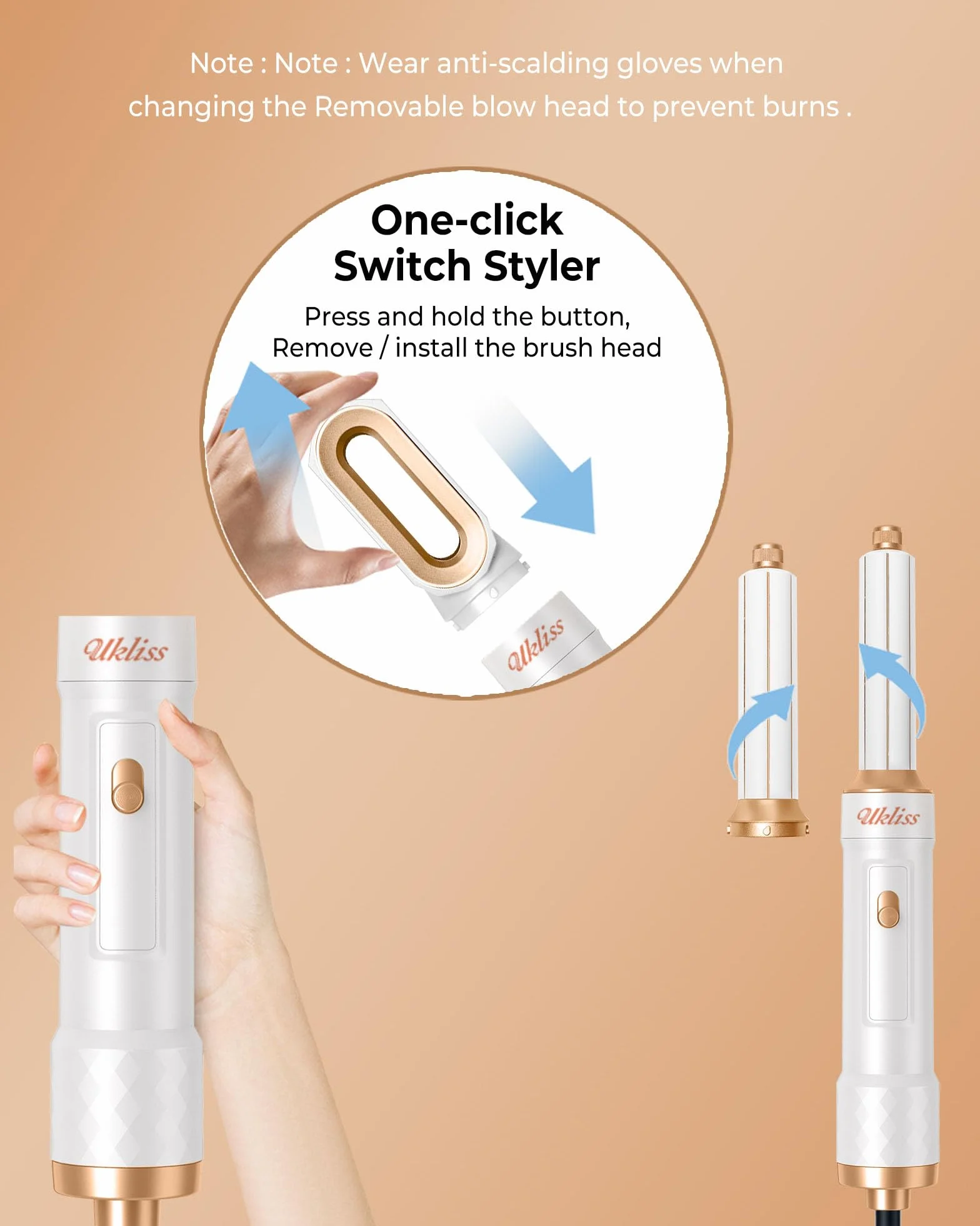 UKLISS Airbrush 6 en 1 Sèche Cheveux Professionnel 1000W Boucleur Automatique Brosse Soufflante Blanc