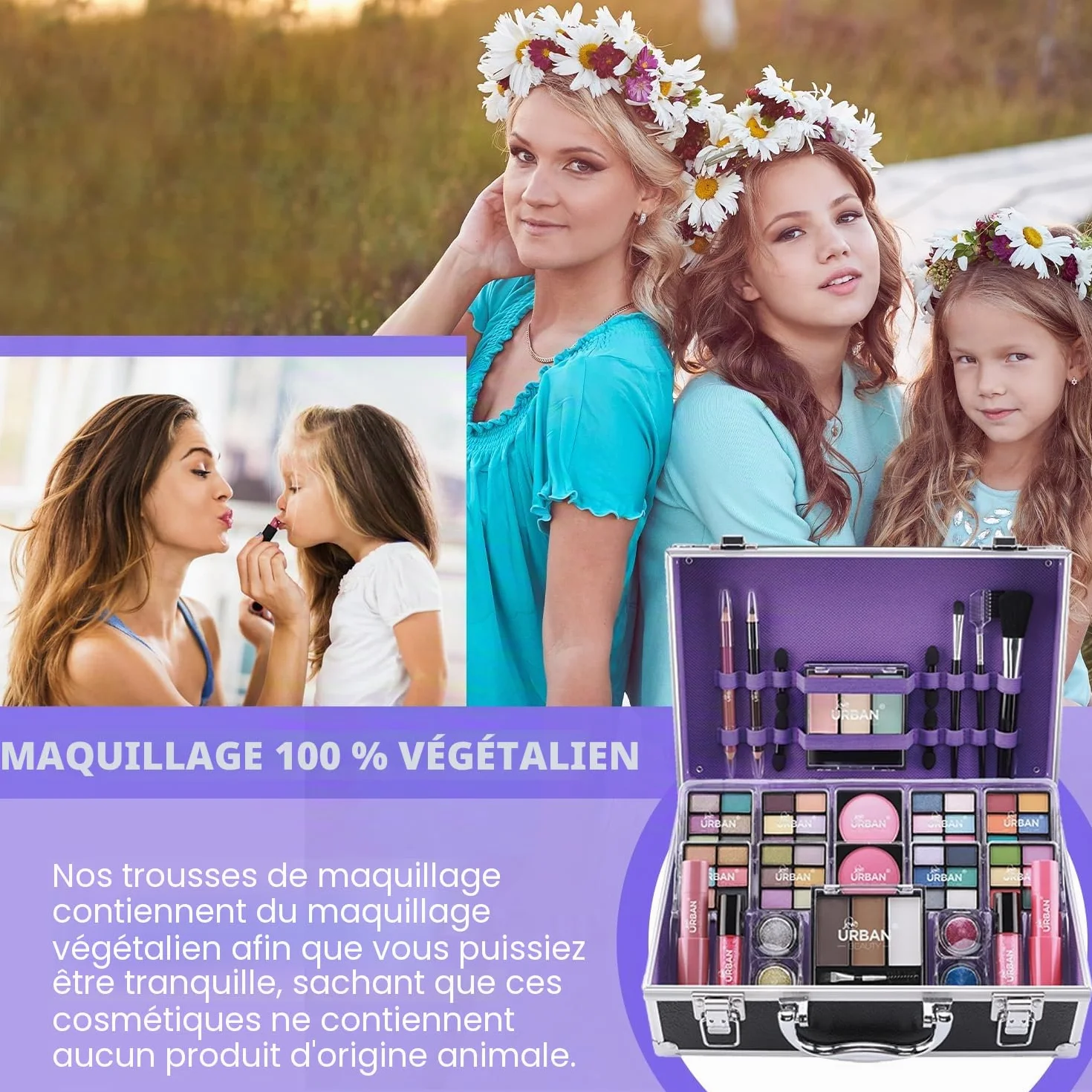 Bliss Trousse de produits de Maquillage Végan - Valise de Maquillage Complète avec Fard à Paupières et à Joues, Rouge à Lèvres, Cire et Poudre à Sourcils, pinceau – Organiseur avec Cadre en Aluminium