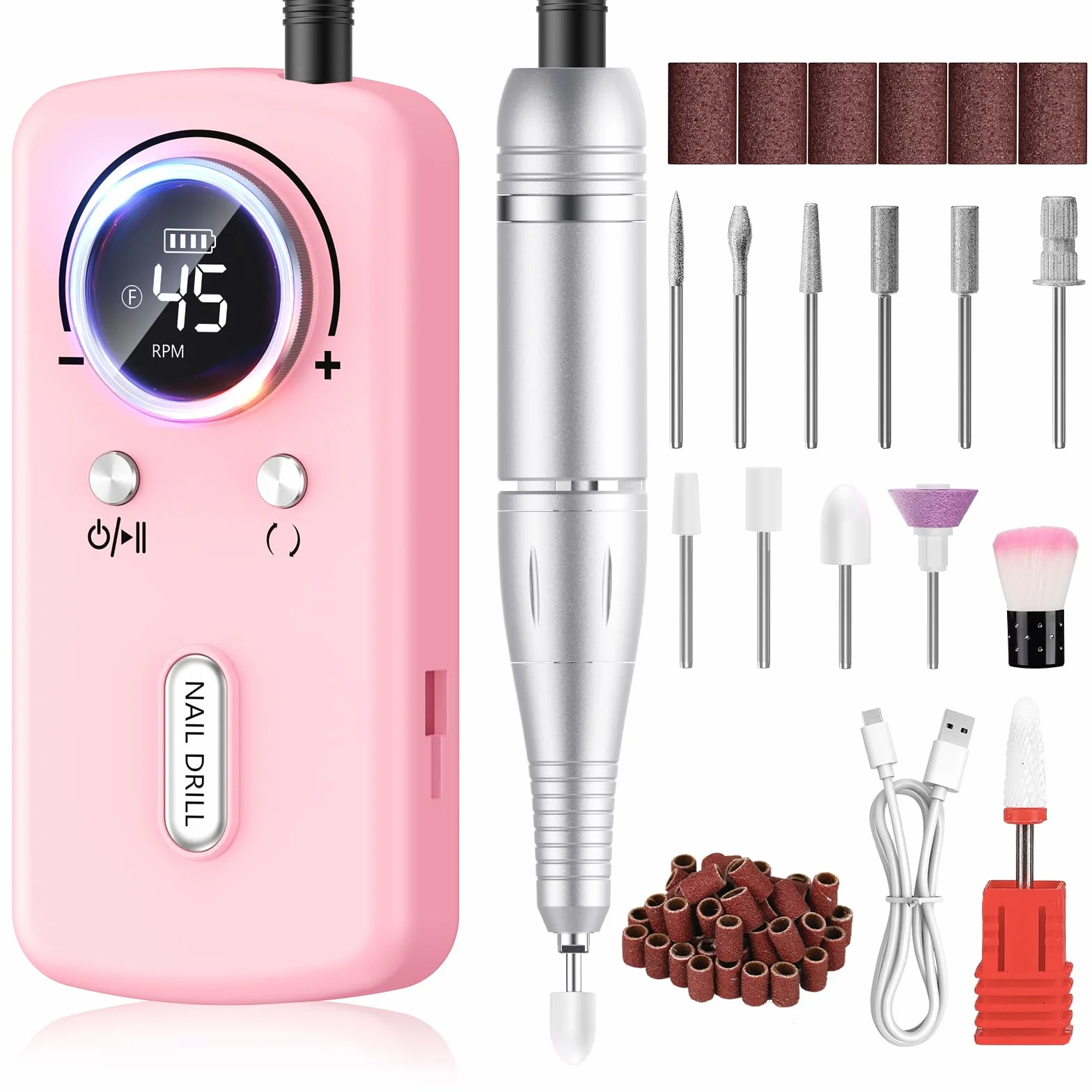 PKBD 45000RPM Professional Portable Nail Drill Machine for Gel Nails, Rechargeable Electric Nail Files Set with 11 bits and LCD Display, Pink