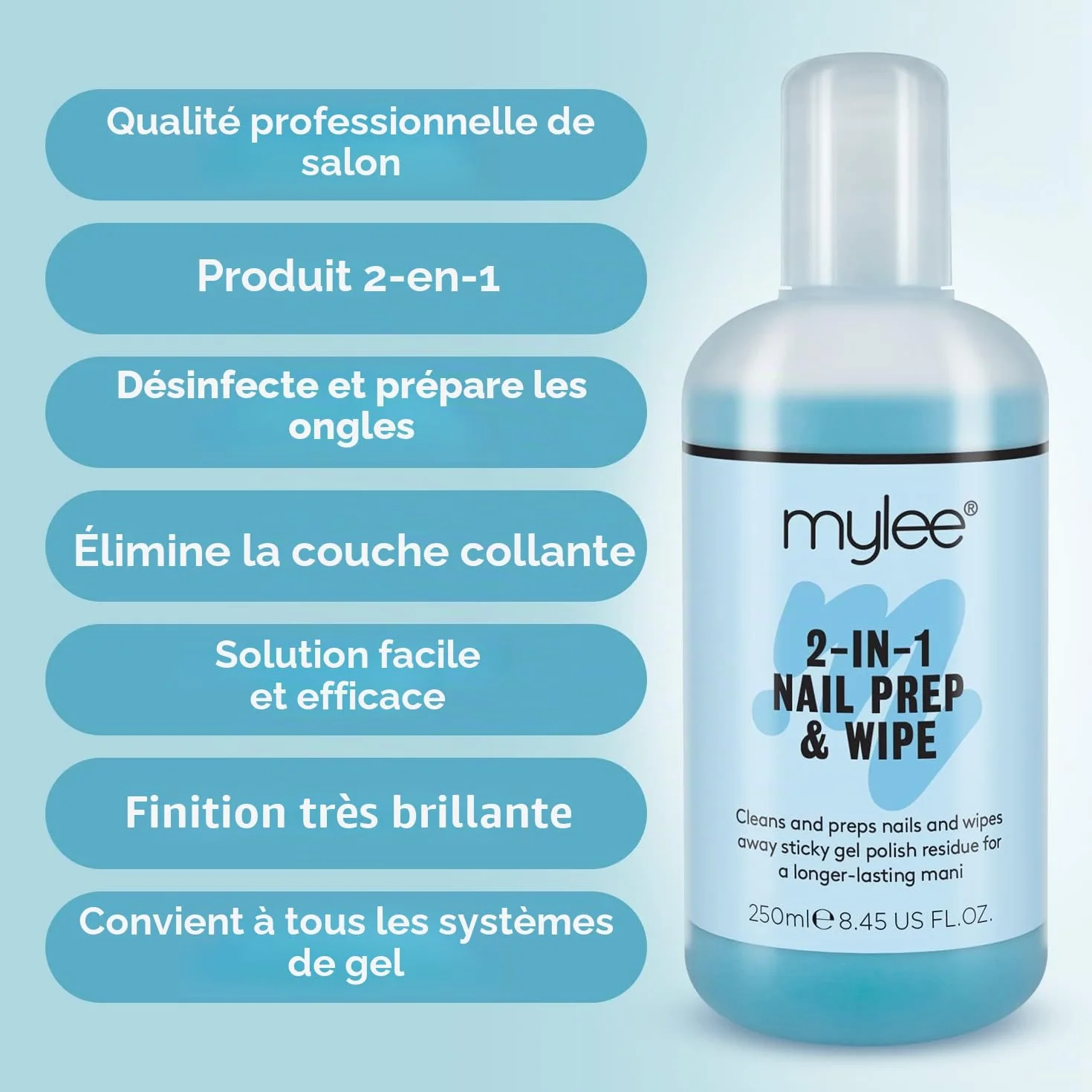 Mylee Kit de Préparation & Nettoyage Ongles Gel 250 ml + 100 Lingettes Non Pelucheuses