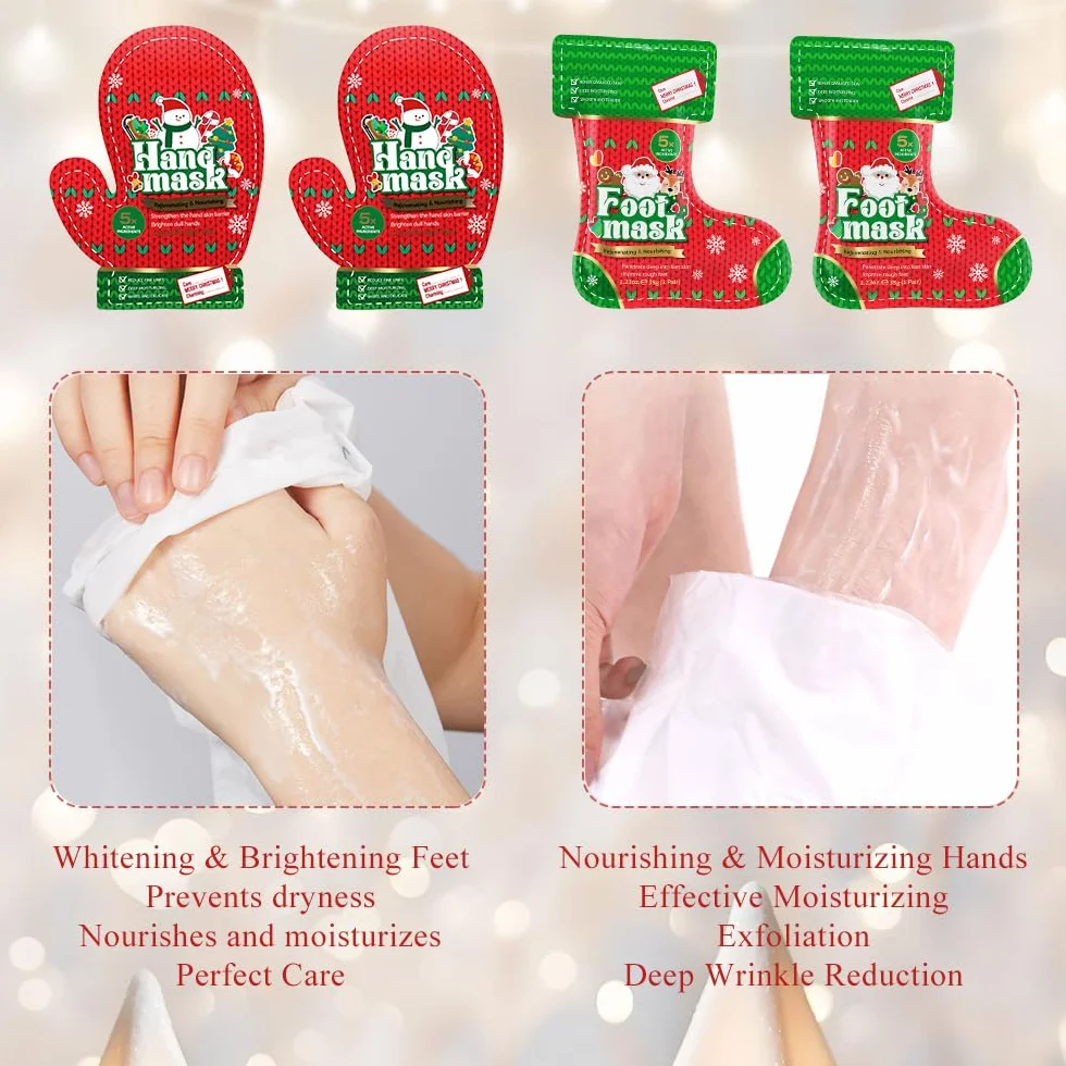 Set de Masques Mains et Pieds Christmas, 2 Pièces Exfoliant Pied, Soin Réparateur Peaux Sèches