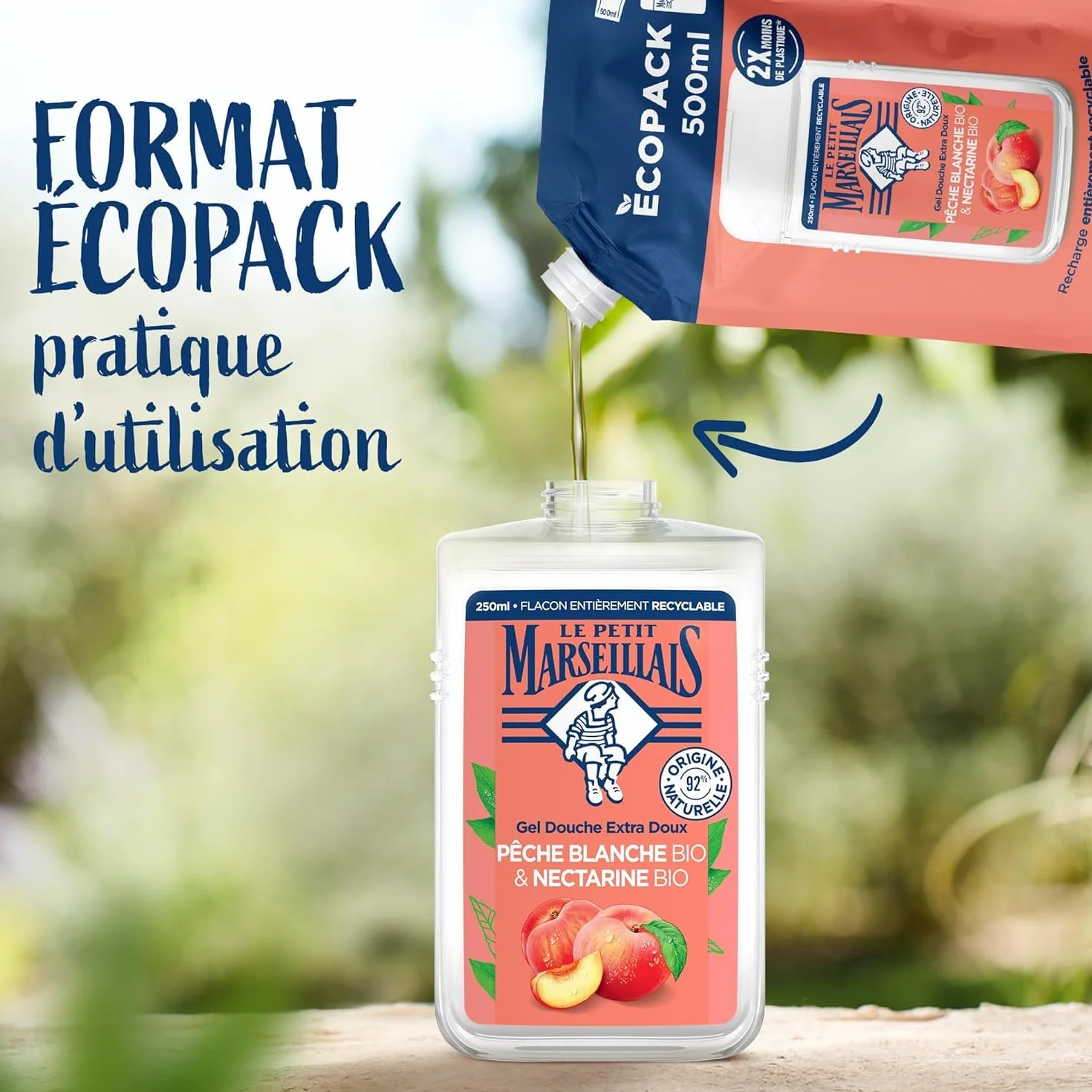 Le Petit Marseillais Recharge Gel Douche Extra Doux Pêche Blanche Bio & Nectarine Bio Écopack 500 ml