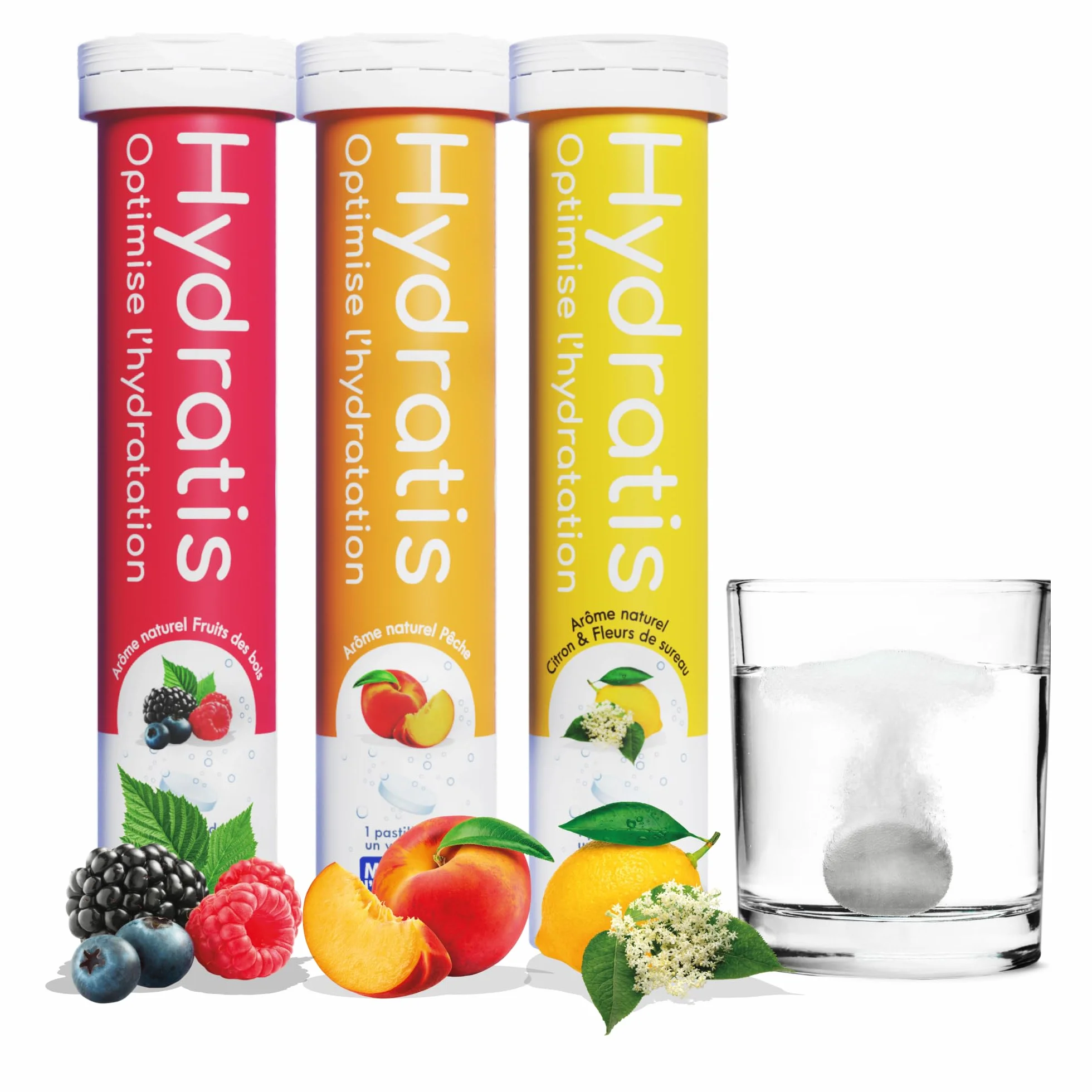 HYDRATIS Pastilles Hydratation Electrolytes Mix Fruits des Bois Pêche Citron Sureau Sport Récupération 3 tubes 60 Pastilles
