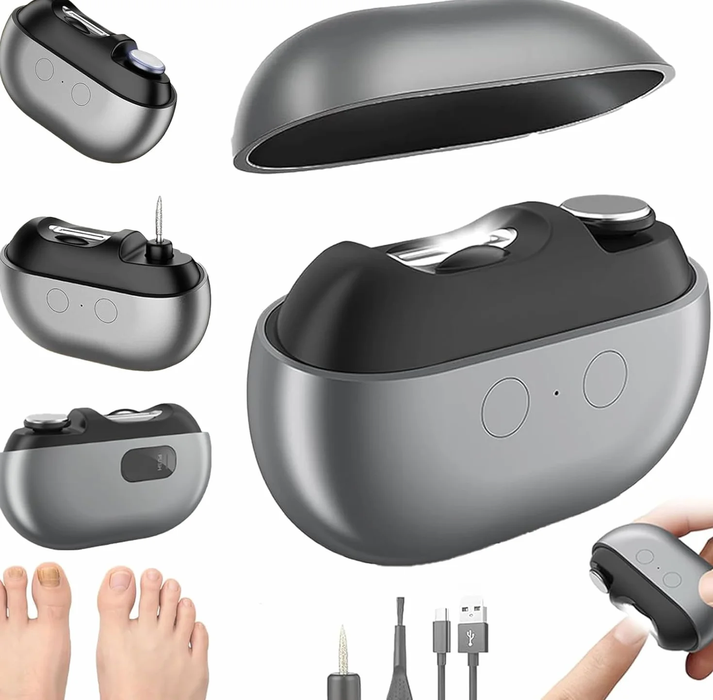Coupe Ongle Électrique Pied et Main, Rechargeable Silencieux, Lime à Ongle 3-en-1 avec LED, Pour Ongles Durs et Épais, Idéal pour Seniors, Adultes et Bébé (Noir)