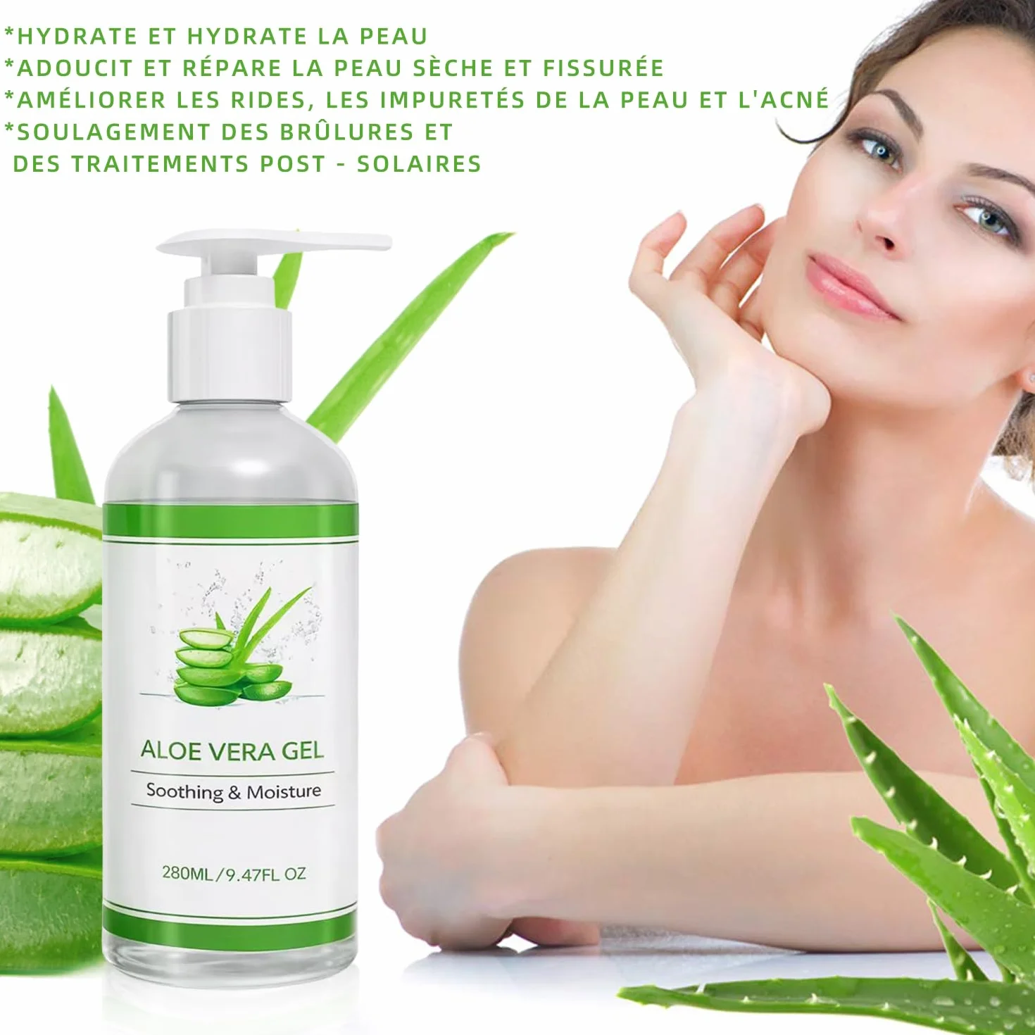 Gel d'Aloé Vera Bio Pur 280ml Hydratant Visage Cheveux Corps Après Soleil