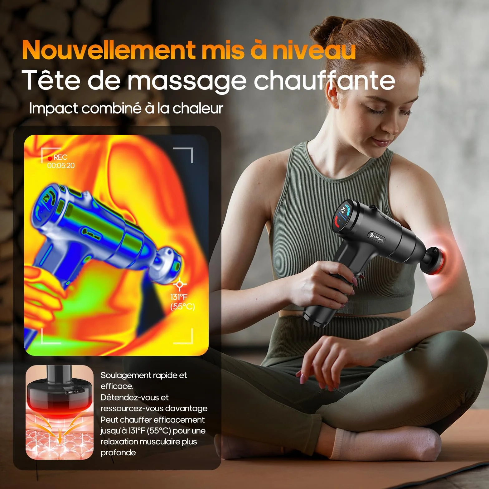 AERLANG Pistolet de Massage avec Chaleur, 20 Niveaux Réglables, Charge Type-C, Masseur Musculaire Silencieux