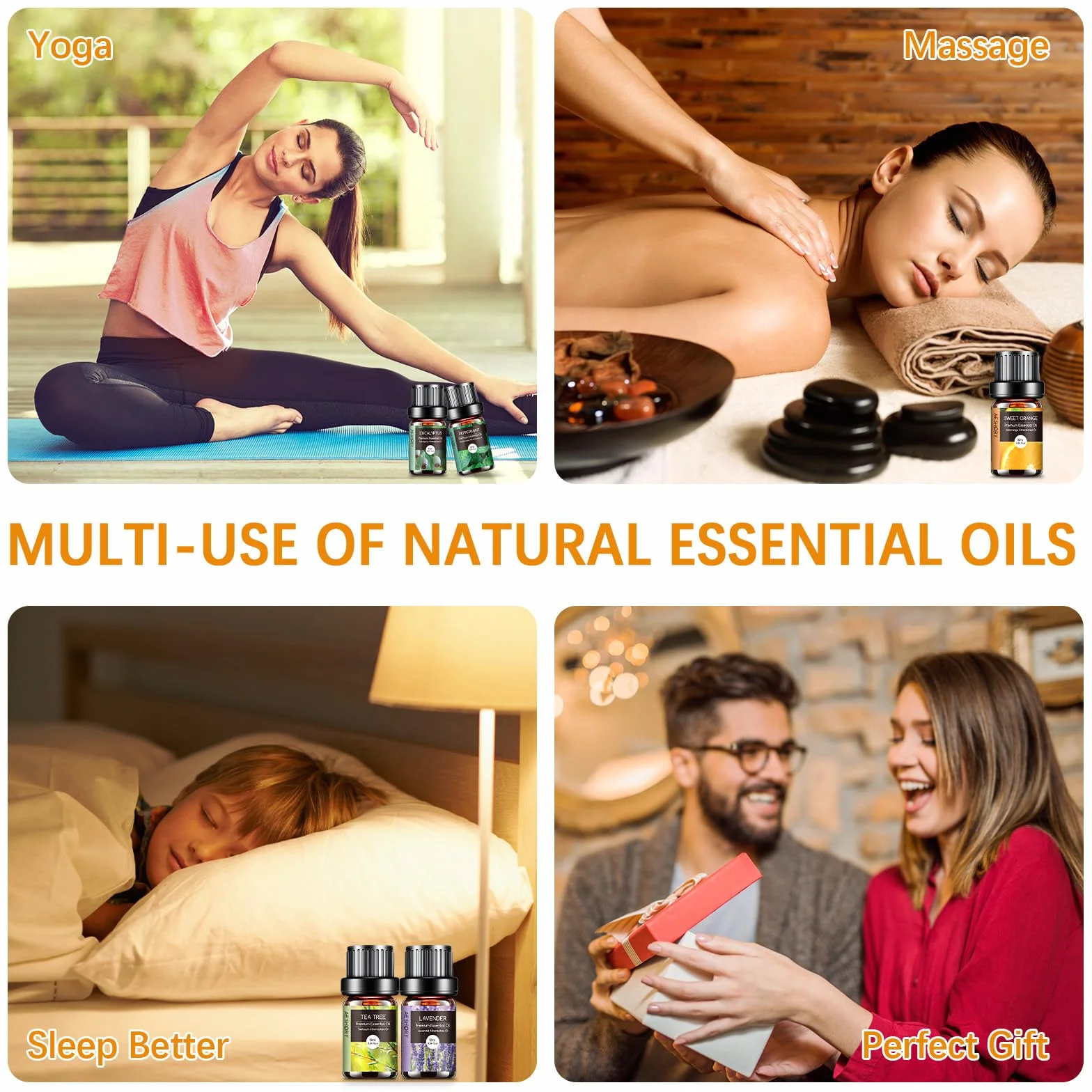 Kit Huiles Essentielles 6 x 10ml Aromathérapie Lavande Orange Douce Menthe Poivrée Arbre à Thé Citronnelle Eucalyptus