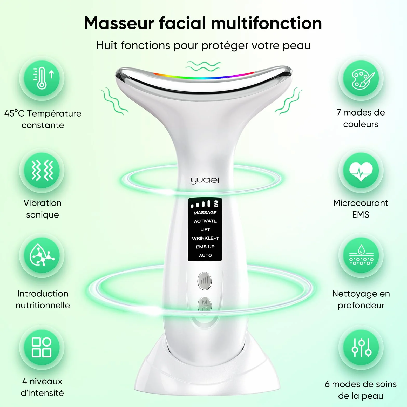 Massage Visage Appareil Anti Rides: Masseur Lifting Double Menton Facial 6 Mode Beauté Electrique Machine Luminothérapie Led 7 Couleurs - EMS 45℃ Anti-Age Massage Pour Raffermissement du Visage et Cou