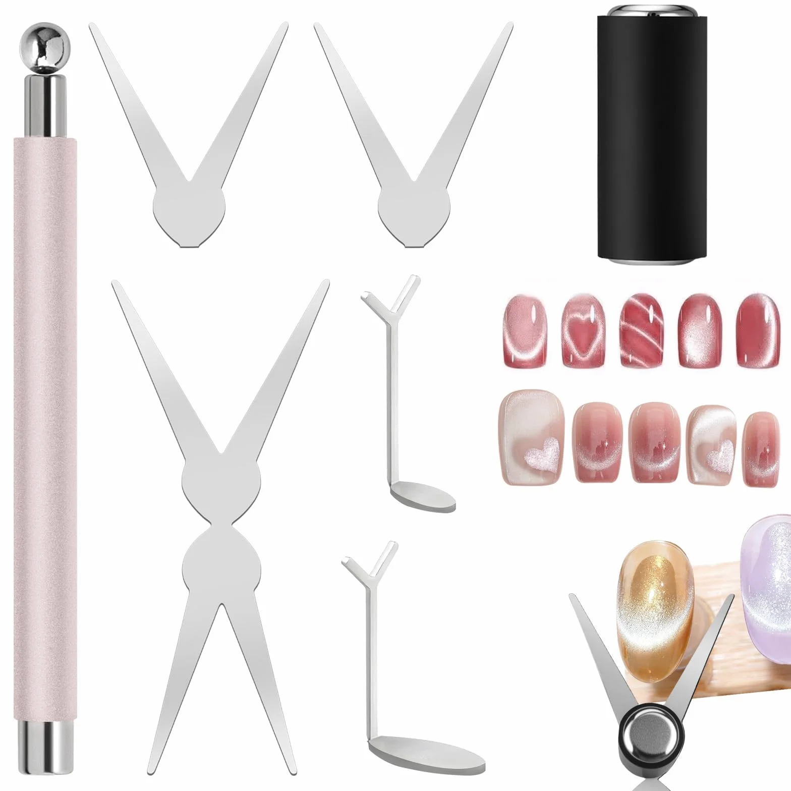 Kit de 8 aimants French Cat Eye, kit de nail art 3 en 1 avec ciseaux et aimants cylindriques pour vernis gel