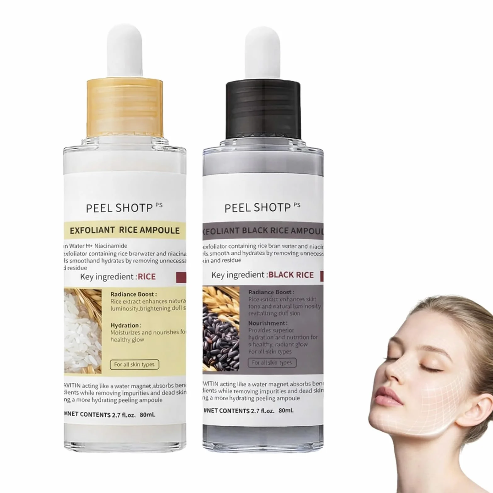 Lumeva Peel Shot Exfoliant Visage Coréen - Sérum Exfoliant Riz Noir & Blanc, Nettoyage Profond des Pores et Points Noirs, Texture Douce, Éclat Immédiat - 80 ml, 2 flacons