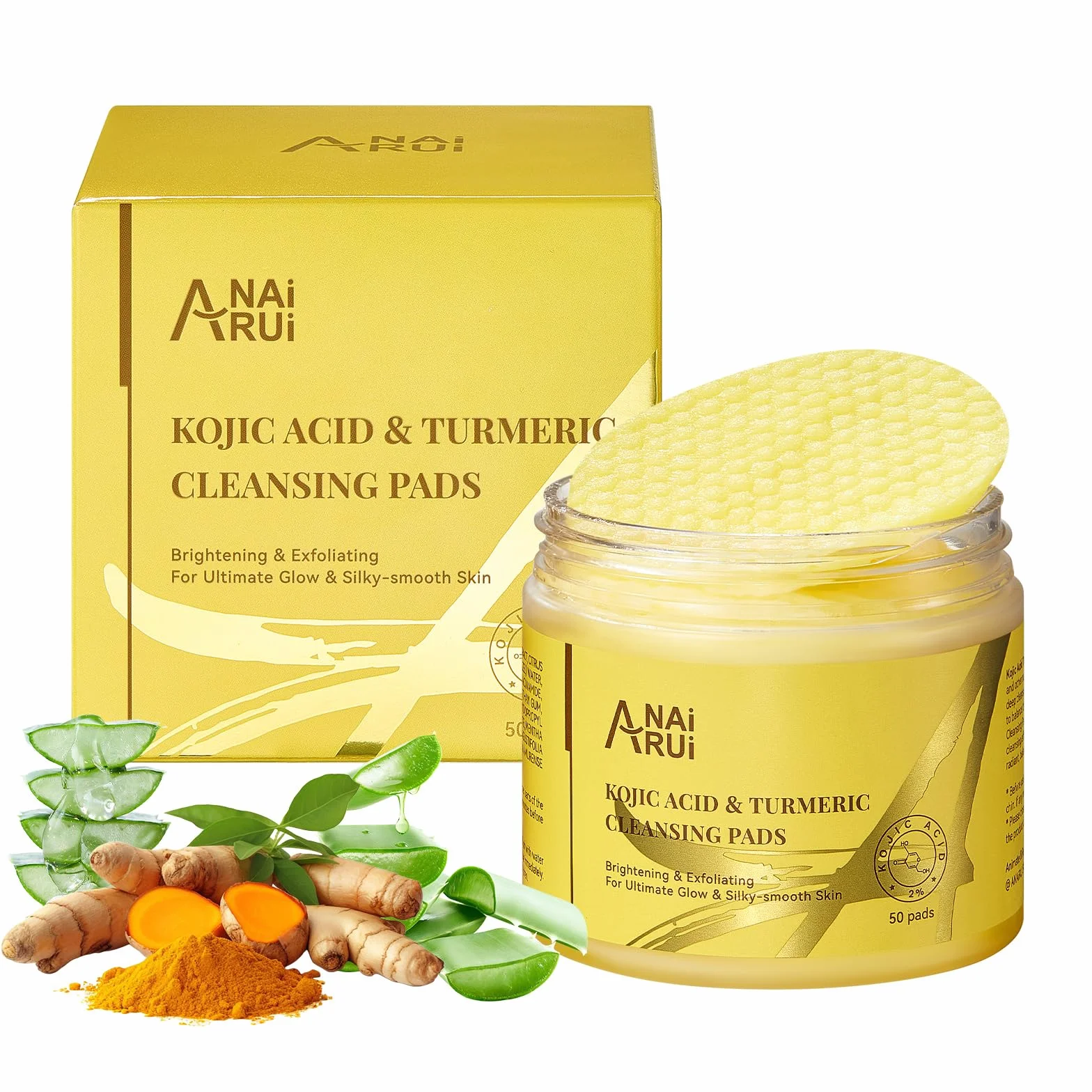 ANAiRUi Tampons Nettoyants Exfoliants Acide Kojique Curcuma Niacinamide Acide Salicylique Traitement Facial Nettoyant Profondeur Réduction Acné Sébum 50 Pièces