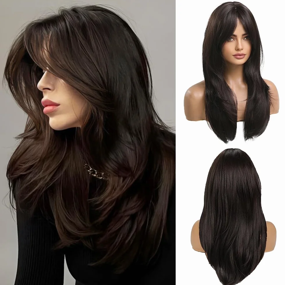20 Pouces Longues Droites Marron Foncé Dégradé Cheveux Synthétiques Perruques avec Franges pour Les Femmes Utilisation Quotidienne pour Les Fêtes