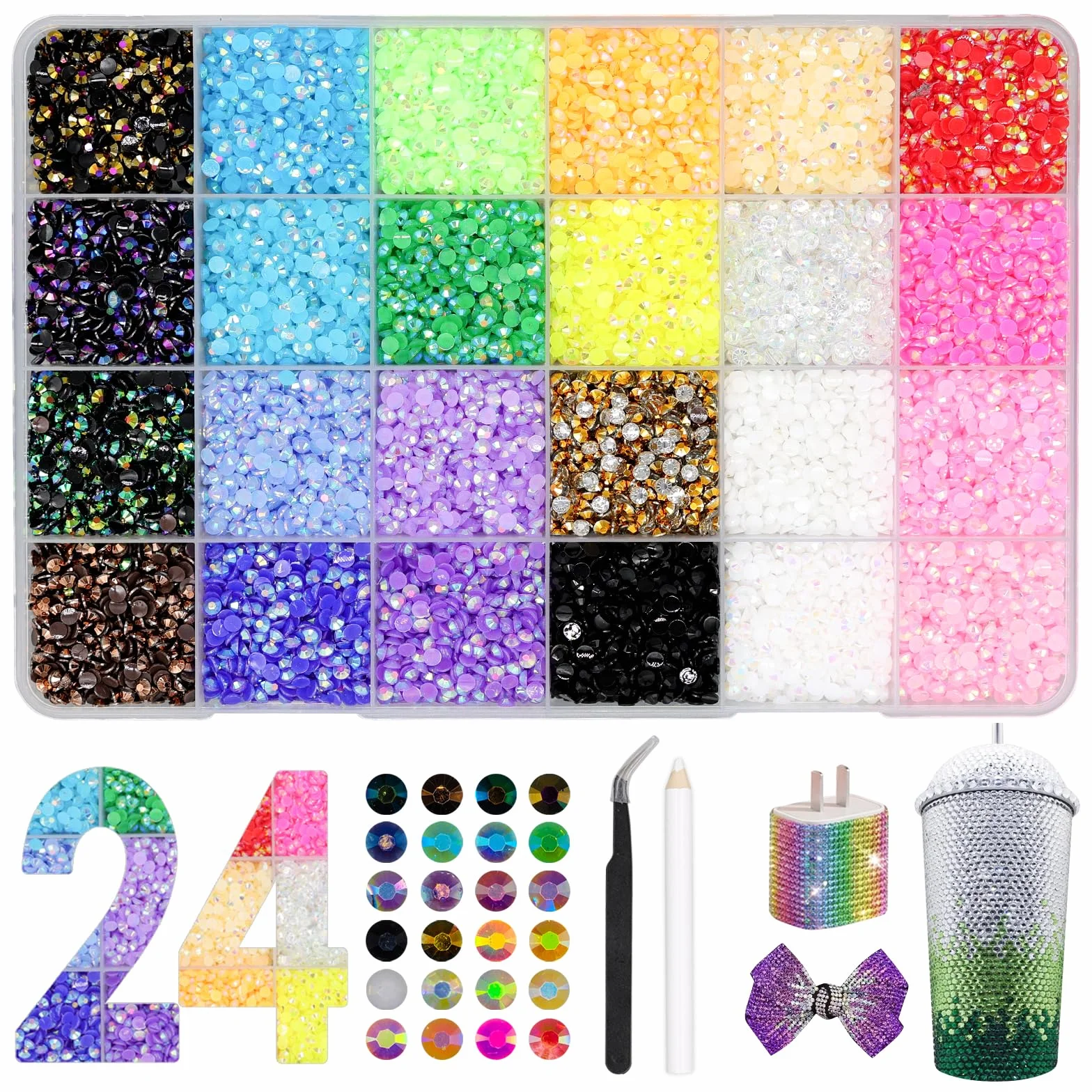 24000+ Pièce Strass, 24 Couleurs 3mm Bedazzling Kit pour les Loisirs Créatifs, DIY sur Textiles, Tasses, Cadres Photo, Coques de Téléphone et Livres, Strass a Coller pour Nail Art et Maquillage