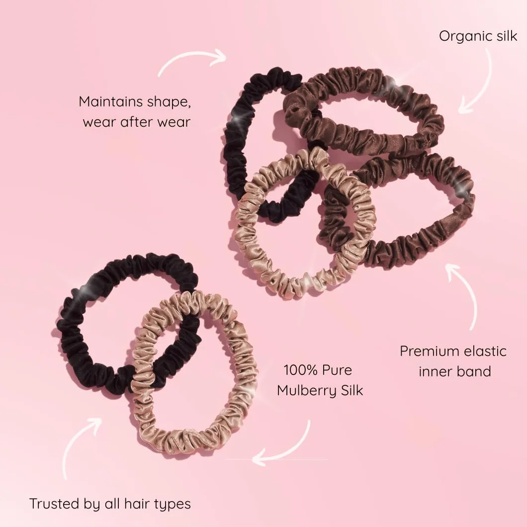 SILKIE Skinny Scrunchies Lot de 4 chouchous élastiques doux pour cheveux anti-casse en 100% pure soie de murier idéal pour tous cheveux bouclés raides épais fin avec pochette de voyage (Truffle)