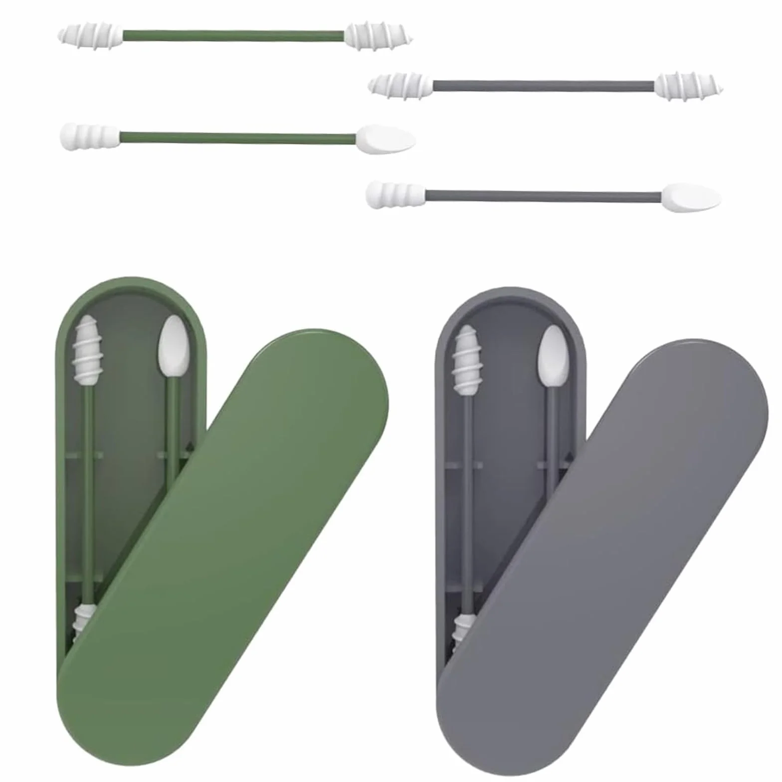 Lot de 4 Coton Tige Réutilisable Double Tête en Silicone Doux Lavable avec Étui pour Nettoyage des Oreilles et Maquillage