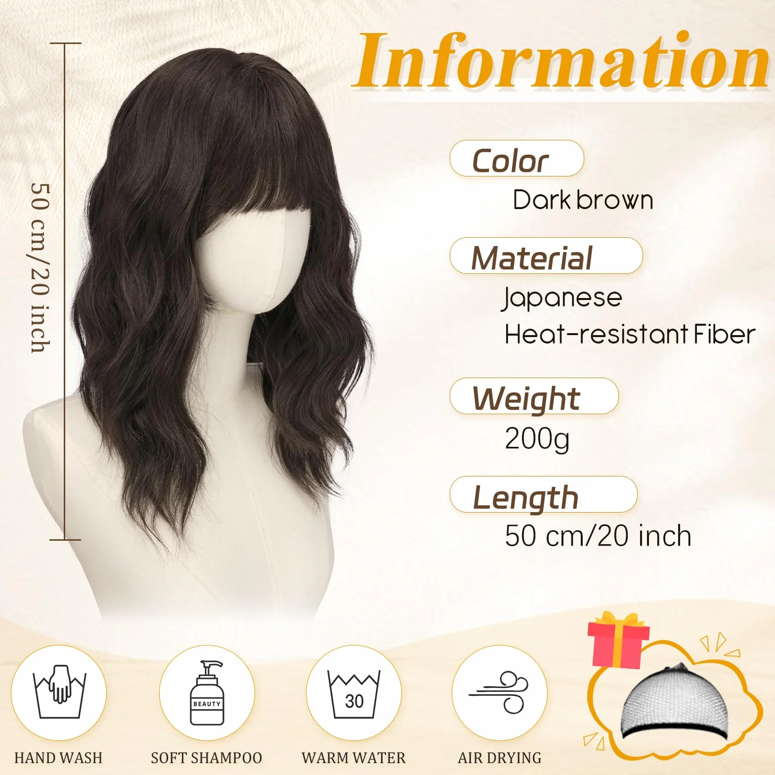 RUWISS Perruque Ondulée Brun Foncé Mi-longue 50 cm avec Frange, Naturel Layered Perruques pour Femme Cheveux Synthétiques Résistantes pour Usageet Quotidien et Cosplay