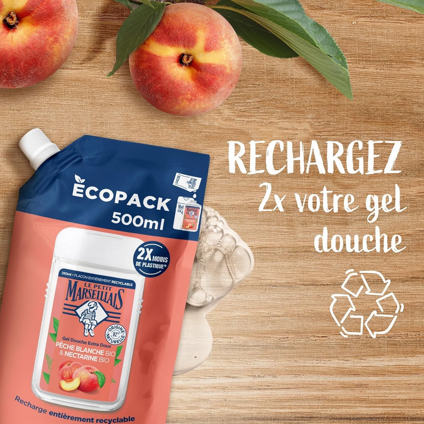 Le Petit Marseillais Recharge Gel Douche Extra Doux Pêche Blanche Bio & Nectarine Bio Écopack 500 ml