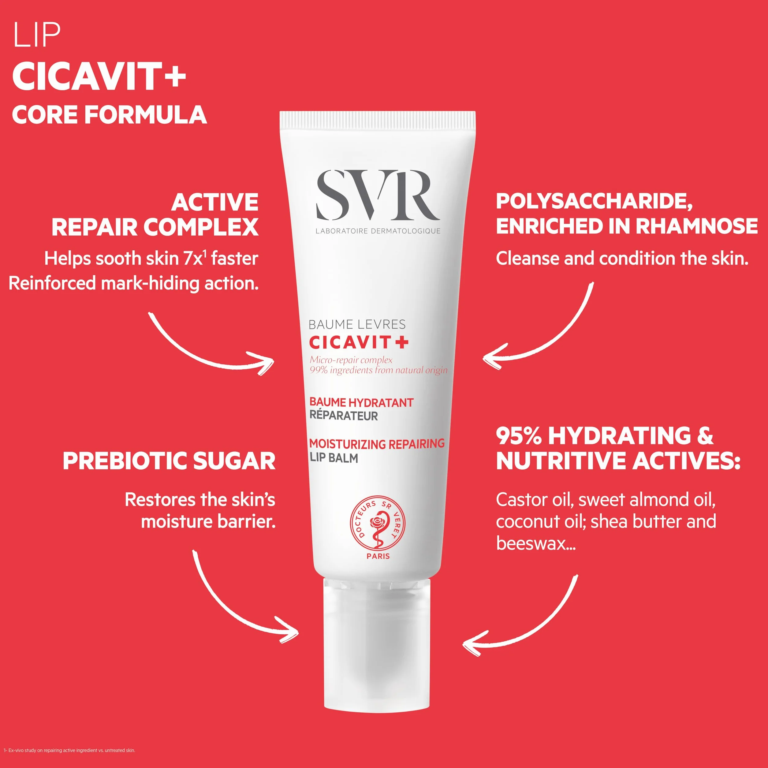 Cicavit+ Baume Lèvres Réparation Accélérée Lèvres Sèches Gercées 99% Ingrédients Naturels Sans Parfum 10g