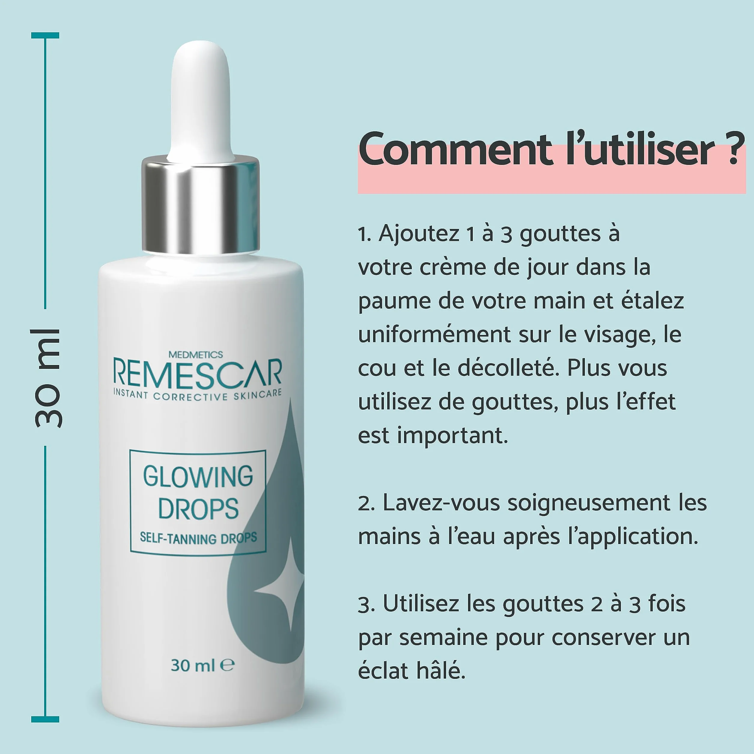 Remescar Glowing Drops 30ml – Gouttes Autobronzantes Visage & Corps – Bronzage Progressif & Éclat Naturel – À Mélanger à Votre Crème Hydratante