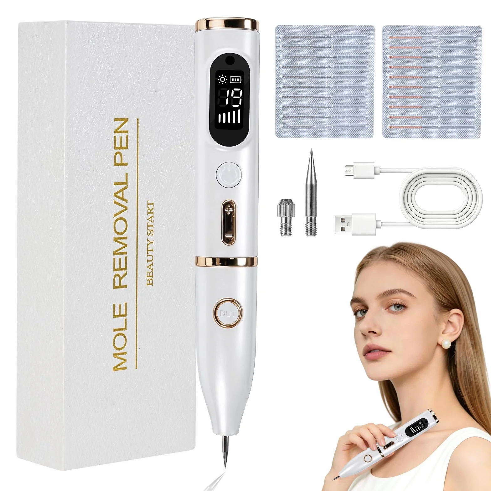 Enlèvement de Grains de Beauté Dissolvant Traitement Verrues Plasma Électrique Removal Pen avec 19 Niveaux de Puissance & LCD USB rechargeable pour Grains de Beauté, Verrues, Taches de Rousseur