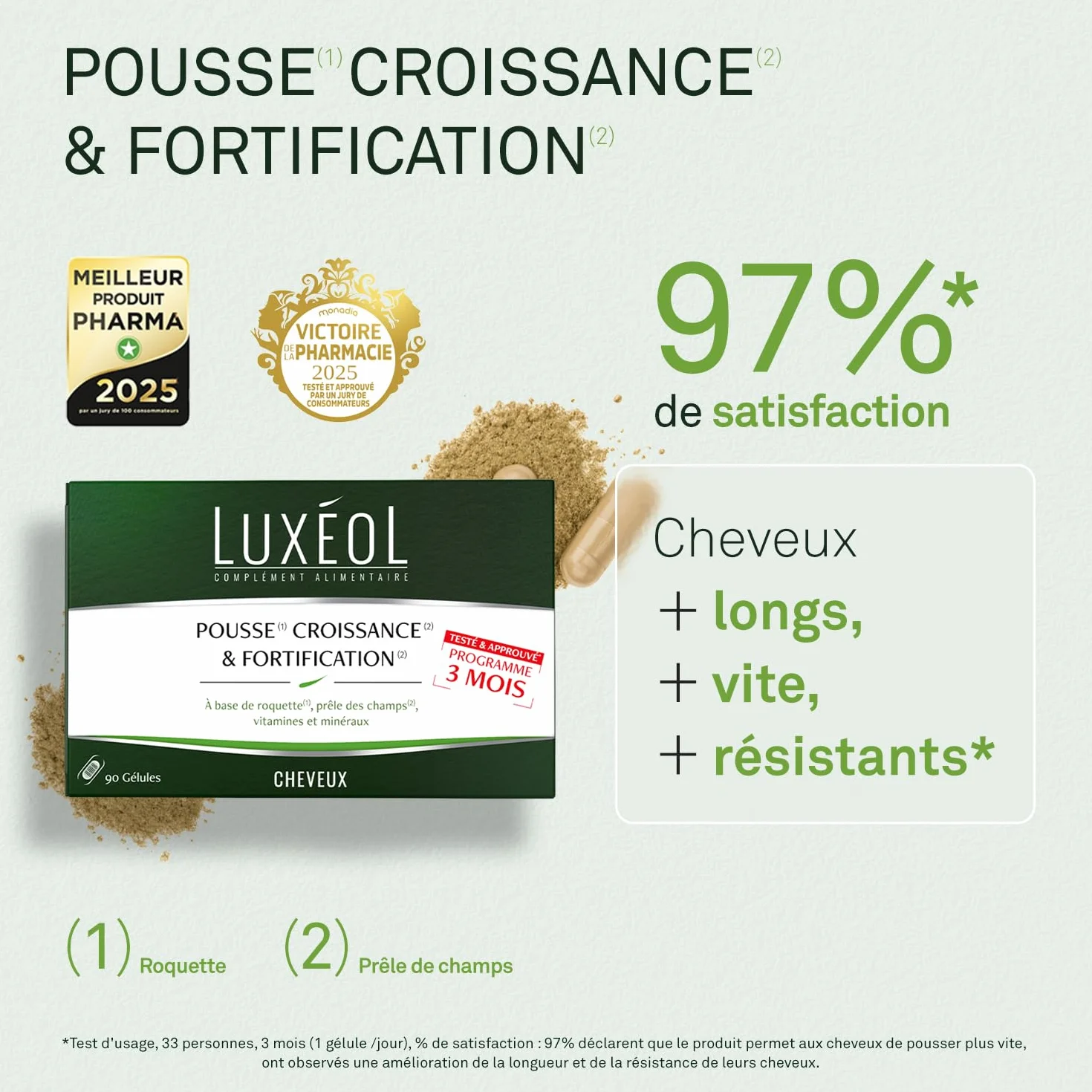 LUXÉOL Pousse Croissance & Fortification Complément Alimentaire Roquette Prêle Des Champs Zinc Cuivre Sélénium Vitamine B8 B6 90 Gélules