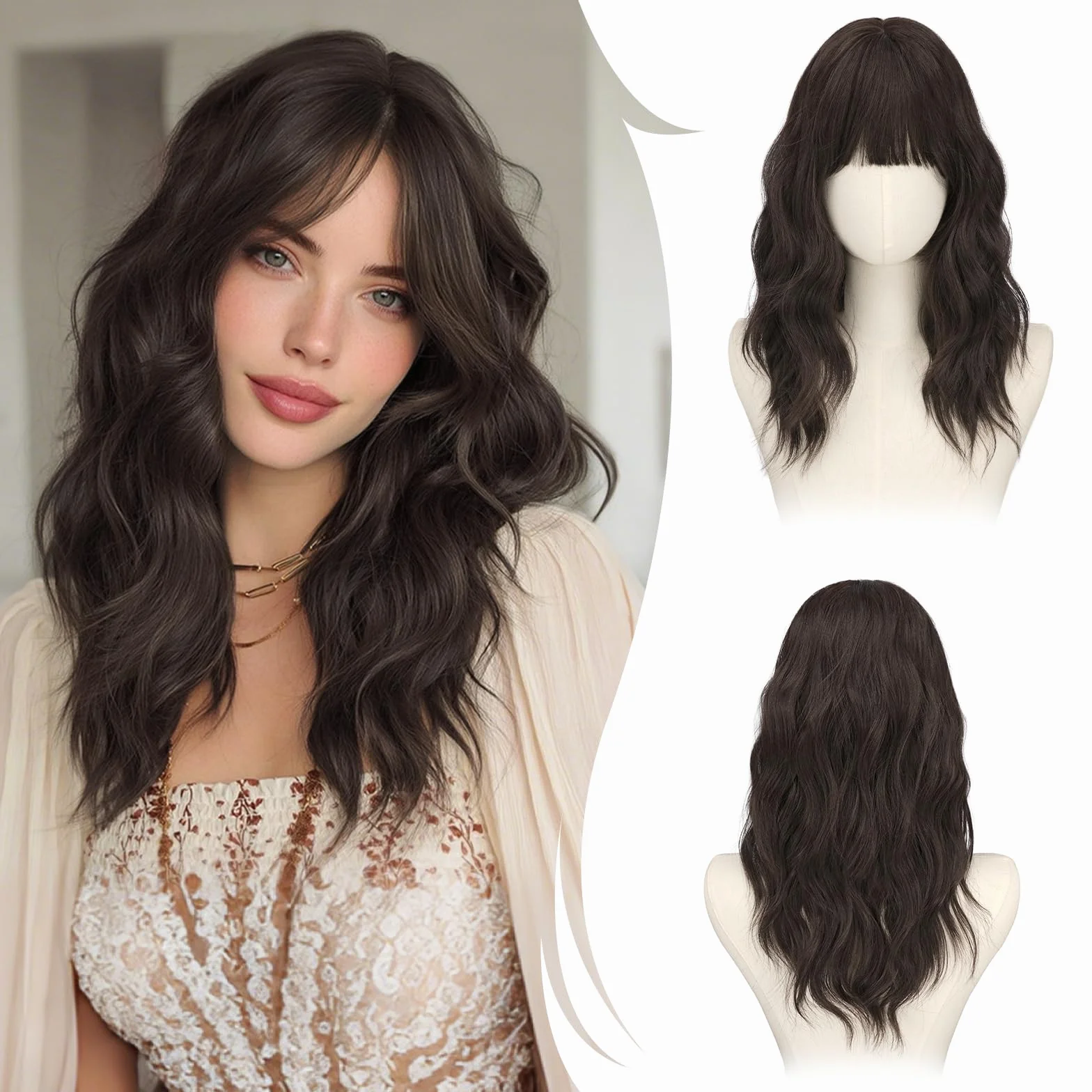 RUWISS Perruque Ondulée Brun Foncé Mi-longue 50 cm avec Frange, Naturel Layered Perruques pour Femme Cheveux Synthétiques Résistantes pour Usageet Quotidien et Cosplay