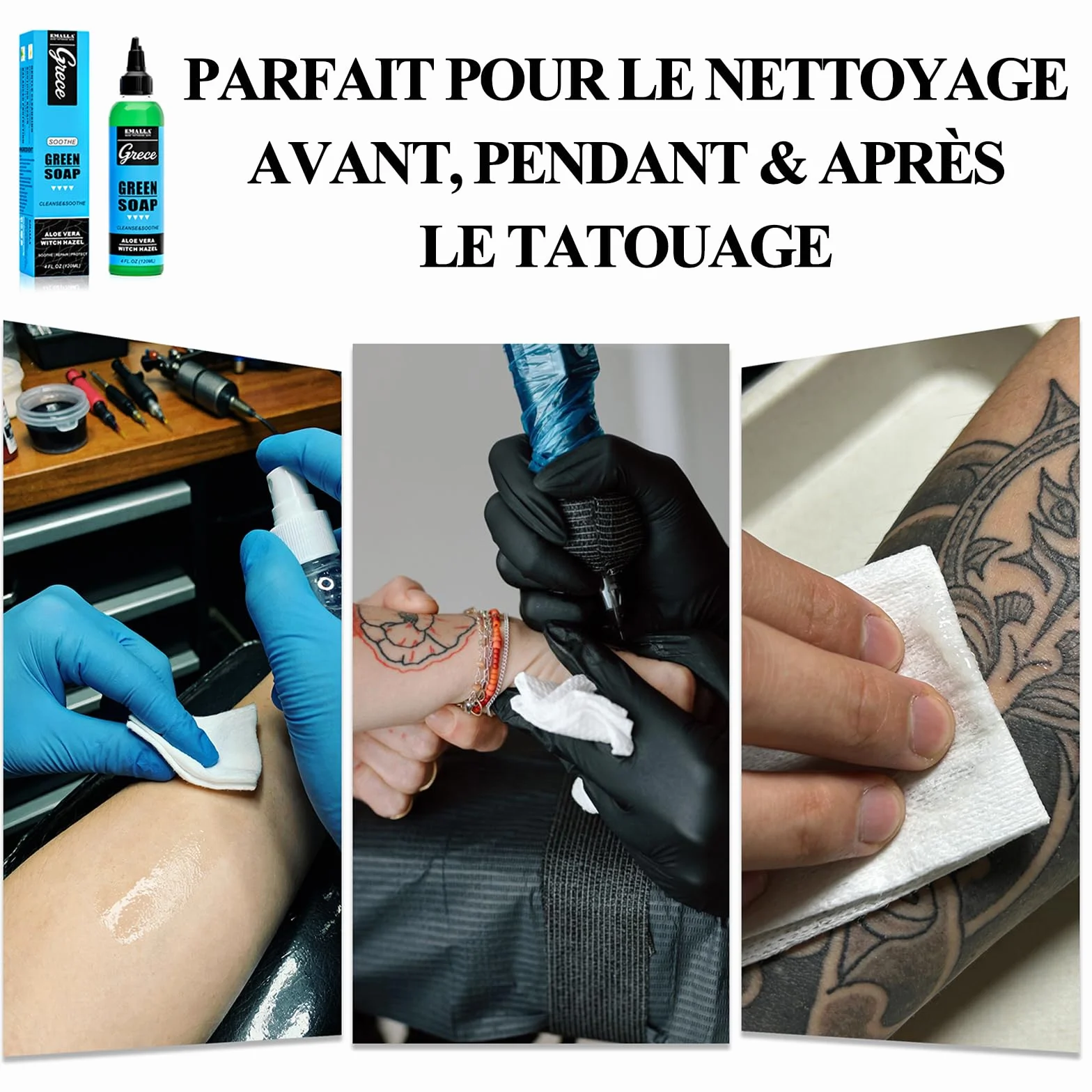 EMALLA 300 ml Tattoo Green Soap Ultra concentré avec flacon de lavage 250 ml - Nettoyant doux pour tatouage