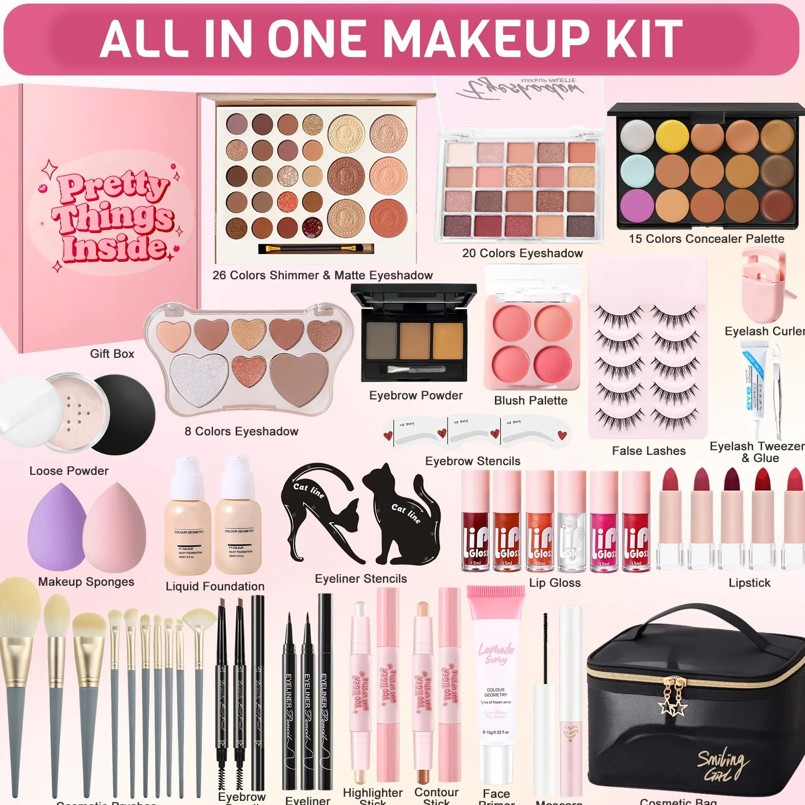 Coffret Maquillage Femme, Kit Maquillage Professionnel Complet, Kit de Cadeau Tout-en-un avec Ombres à Paupières Fond de Teint Correcteurs Eyeliner Mascara Gloss à Lèvres Rouge Lèvres Crayon Sourcil