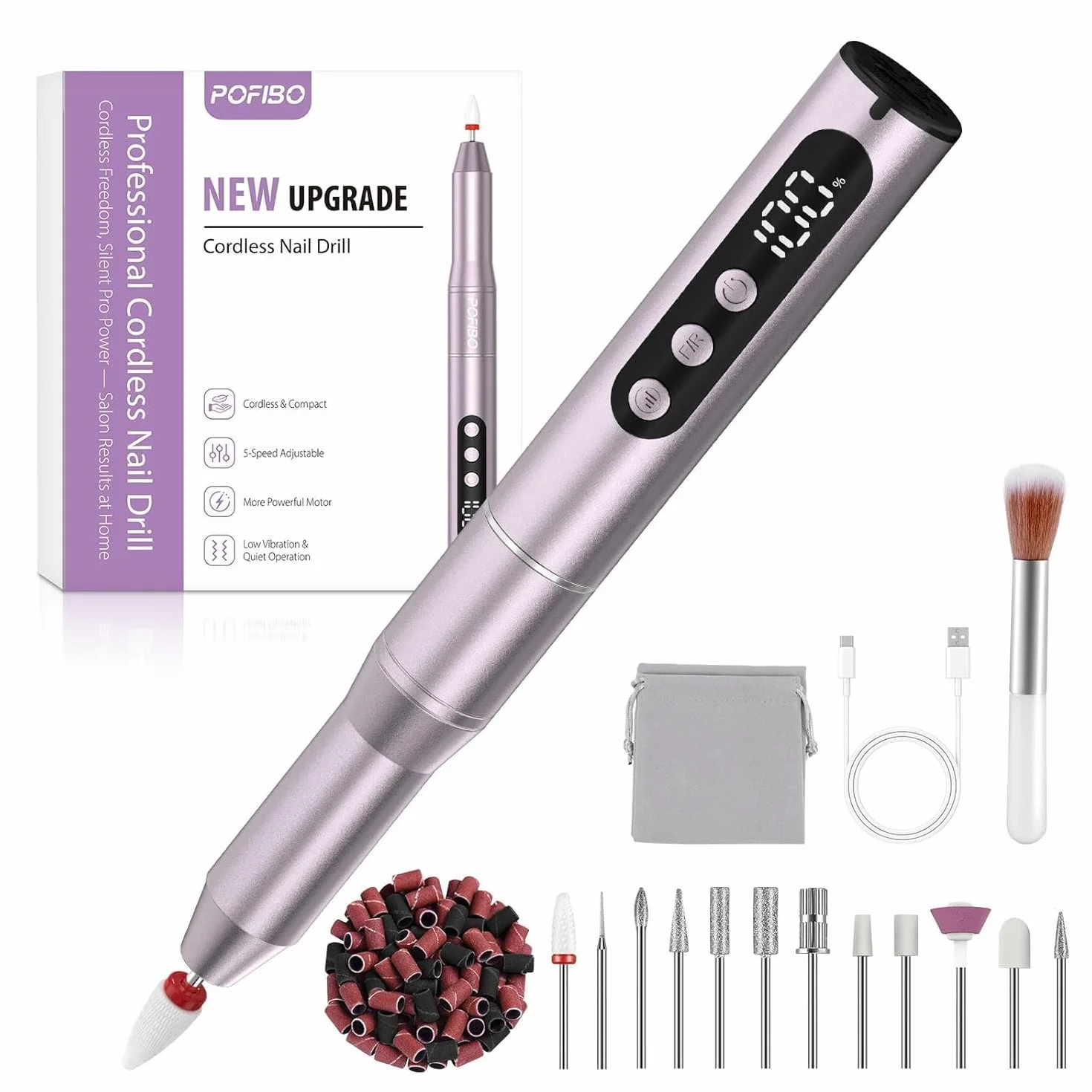 POFIBO Ponceuse pour Ongles Professionnel - 12 en 1 Lime a Ongle Electrique 35000RPM avec LCD écran Numérique, sans fil, 5 vitesses réglables - Kit de Manucure Pédicure Rechargeable Vitesse (Violet)